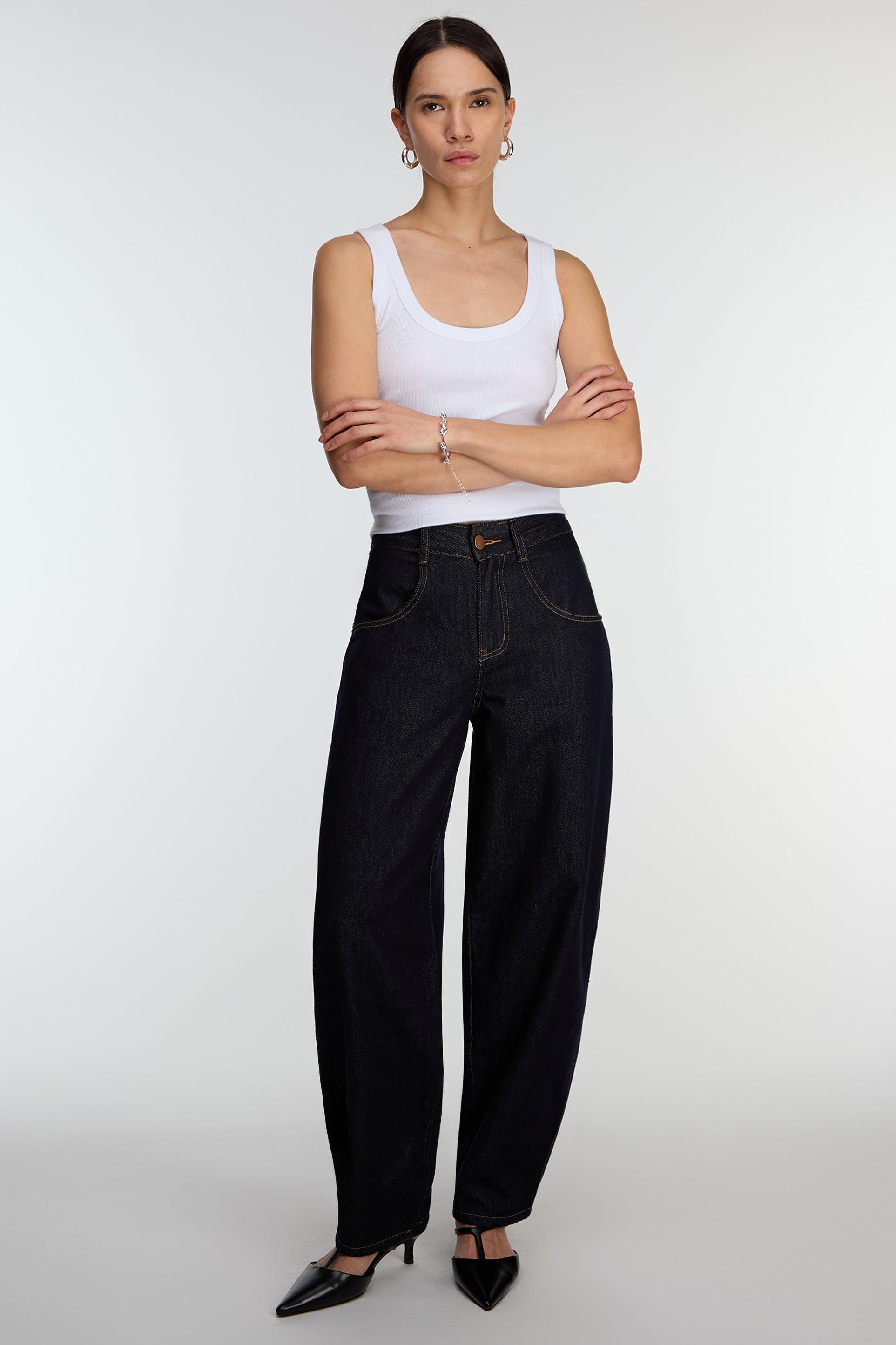 HIGH RISE BARREL LEG DARK BLUE WASH JEAN by OAK + FORT