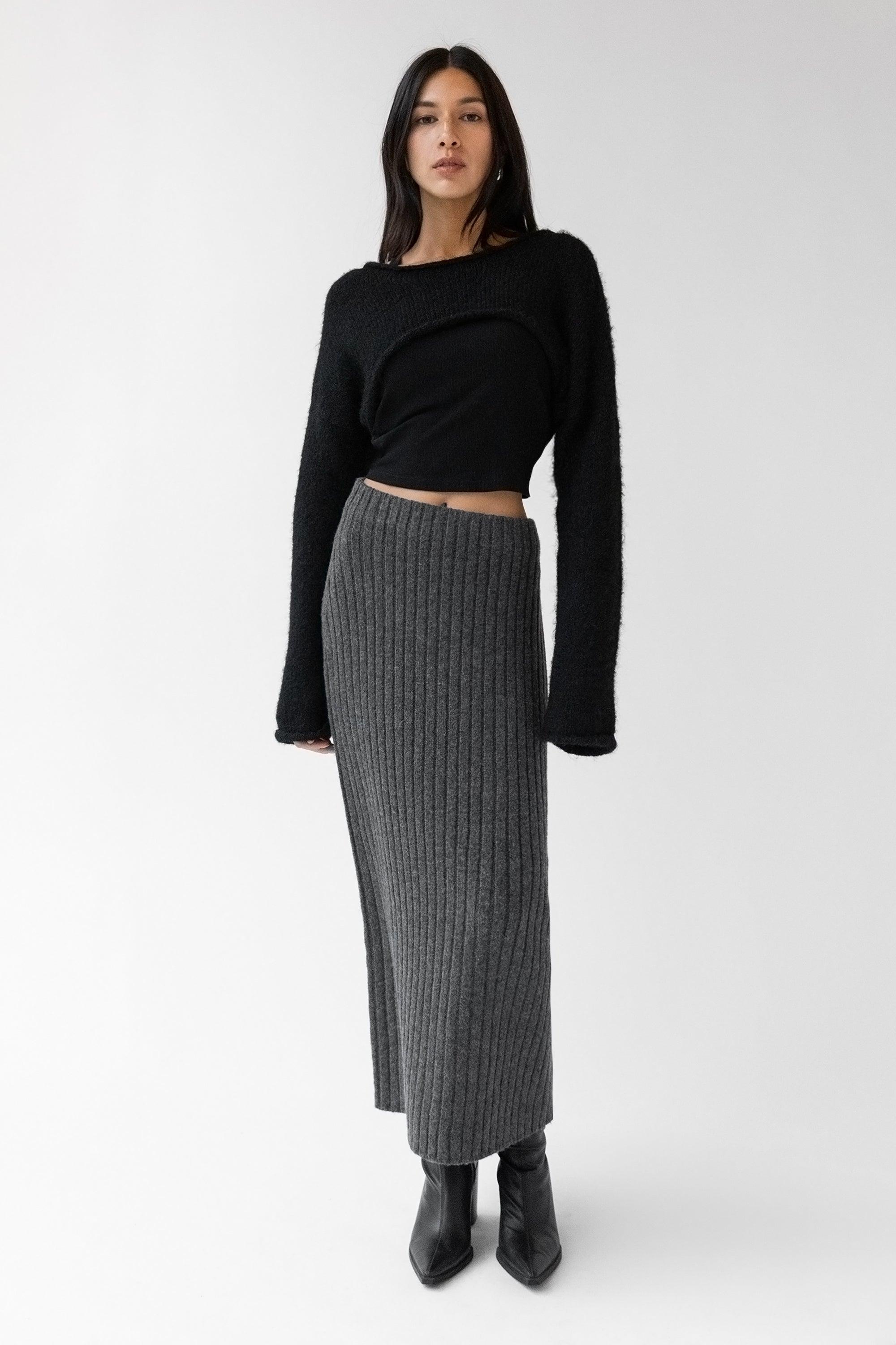 HIGH-RISE RIBBED KNIT MIDI SKIRT by OAK + FORT