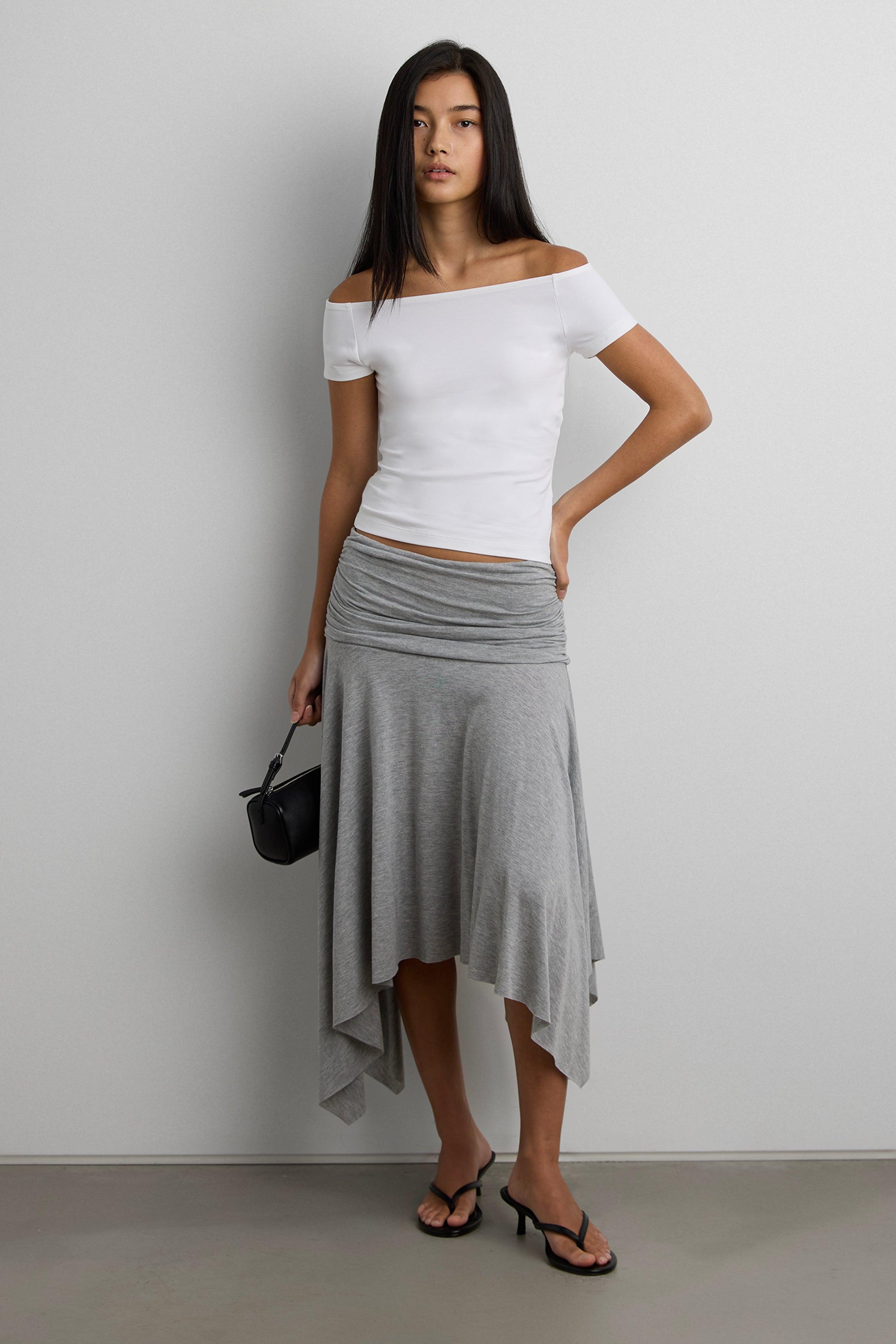 JERSEY MIDI SKIRT WITH SIDE RUCHING by OAK + FORT