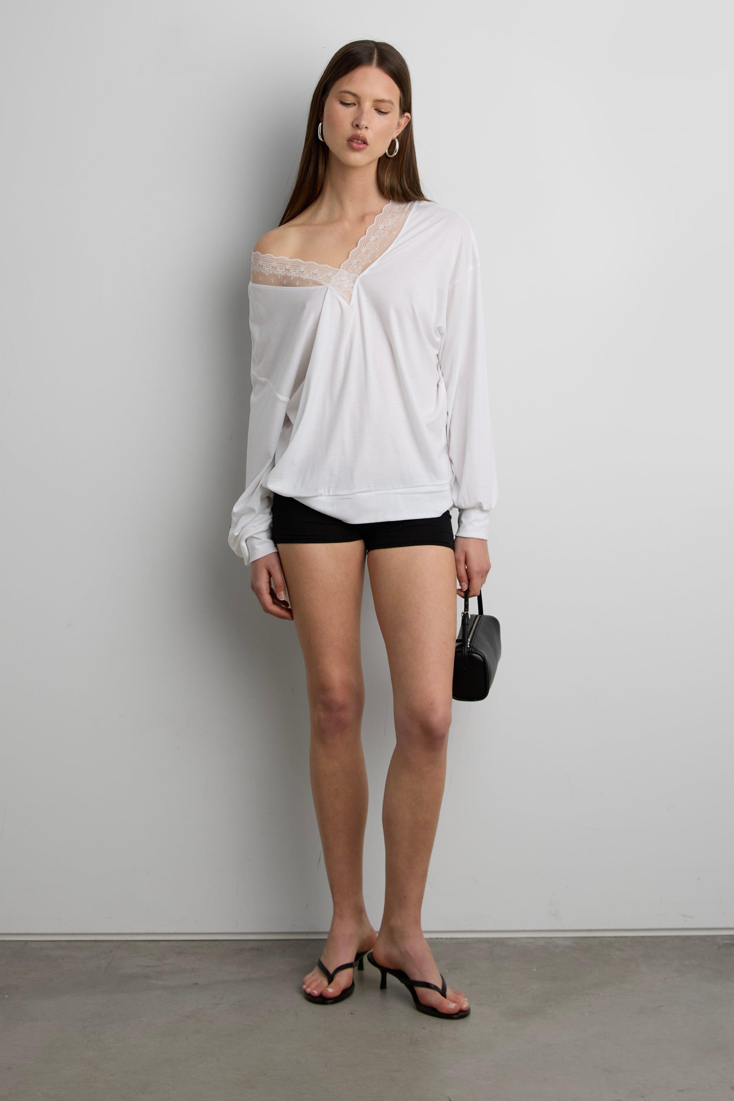 LACE TRIM V-NECK SLOUCHY TOP by OAK + FORT