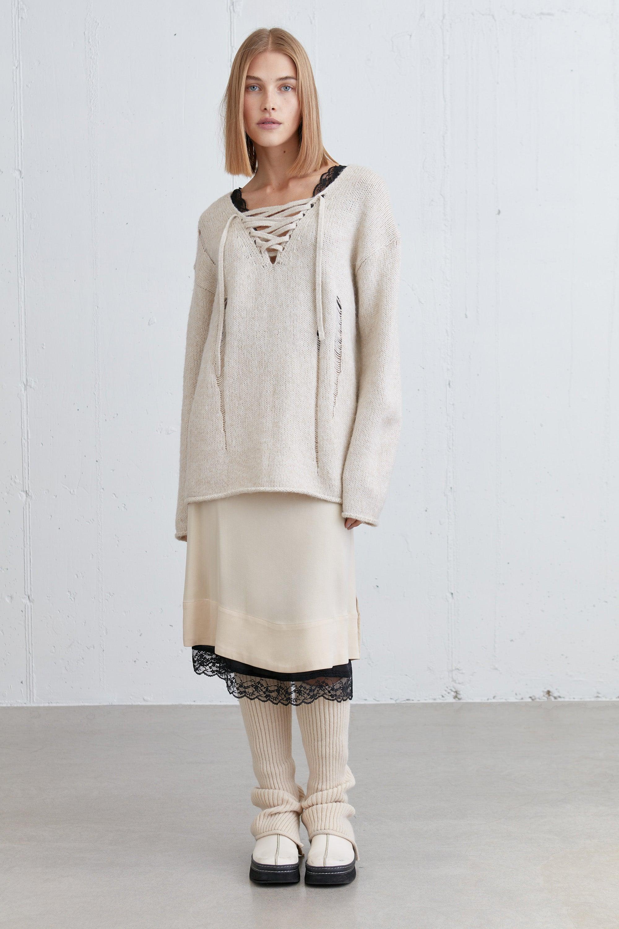 LACE-UP DISTRESSED SWEATER by OAK + FORT