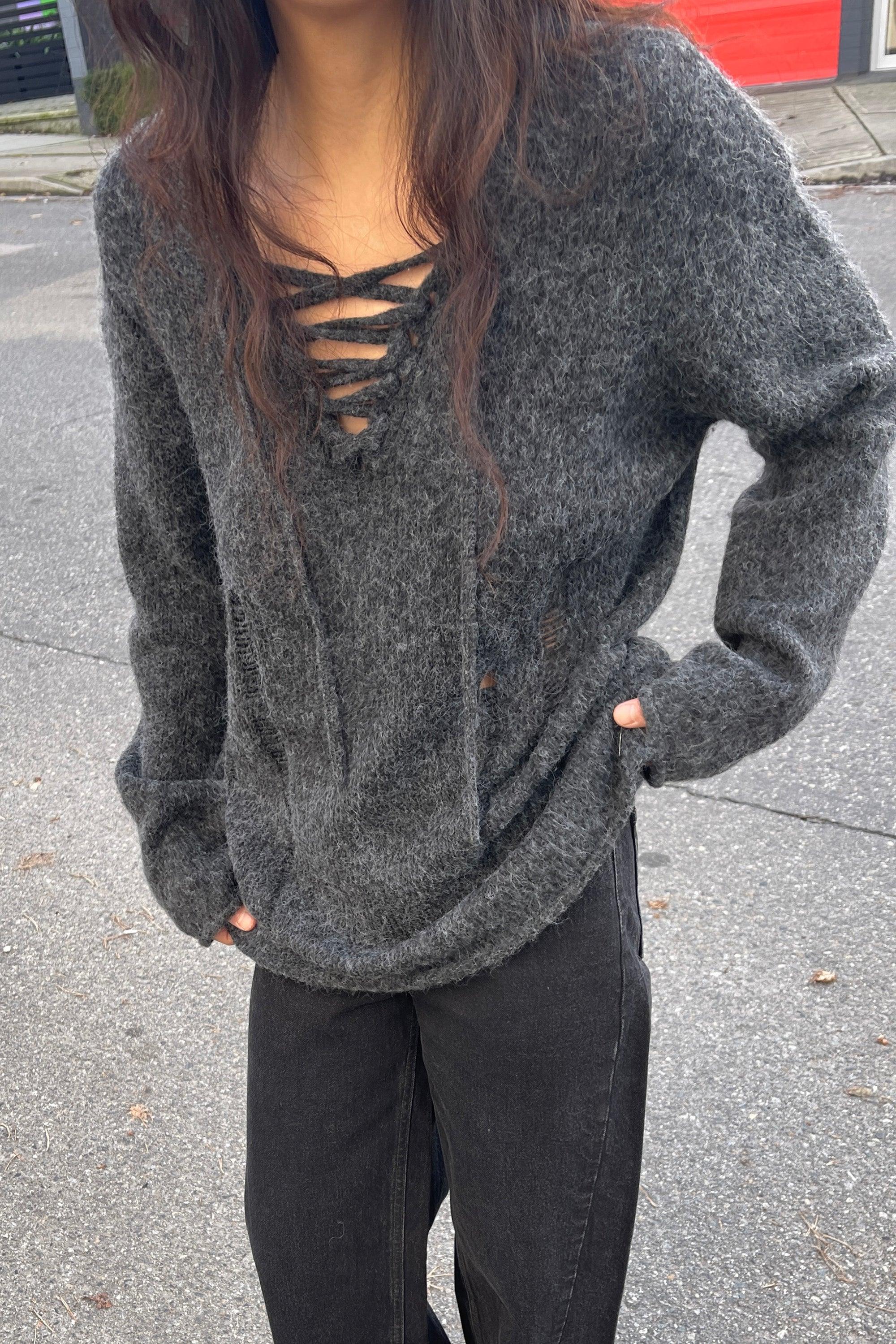 LACE-UP DISTRESSED SWEATER by OAK + FORT