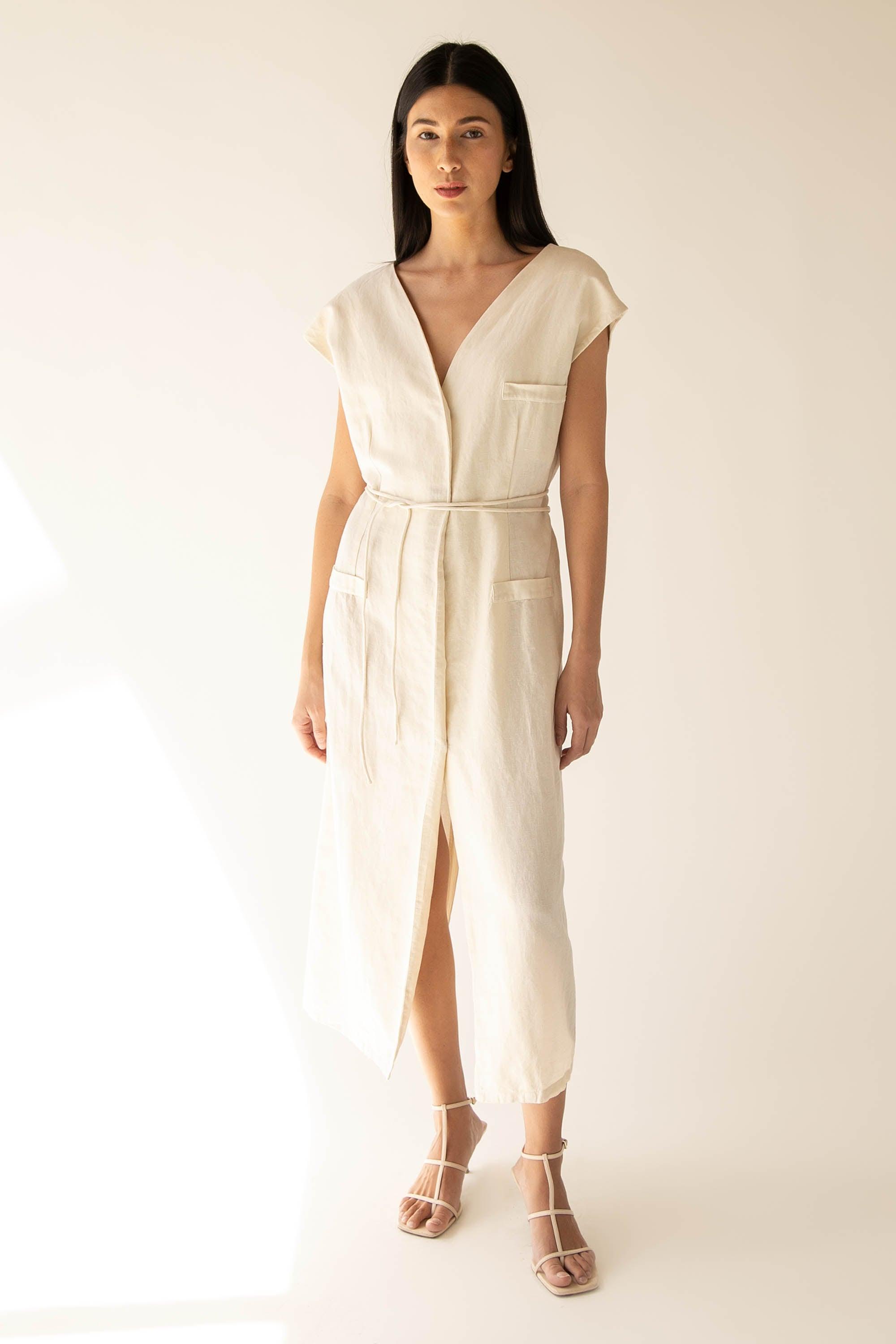 LINEN BLEND BUTTON UP MIDI DRESS by OAK + FORT