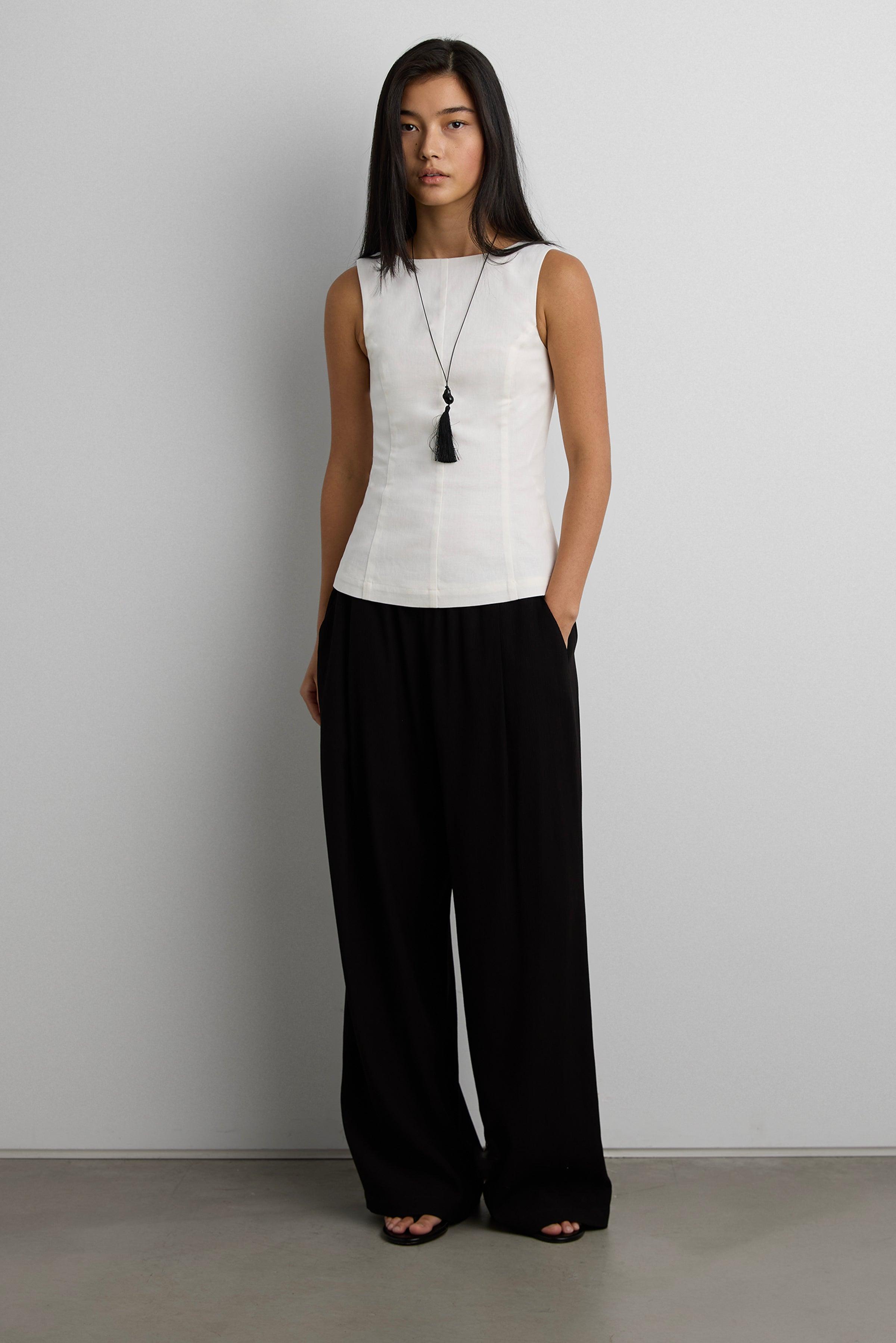 LINEN BLEND HIGH NECKLINE SLEEVELESS TOP by OAK + FORT