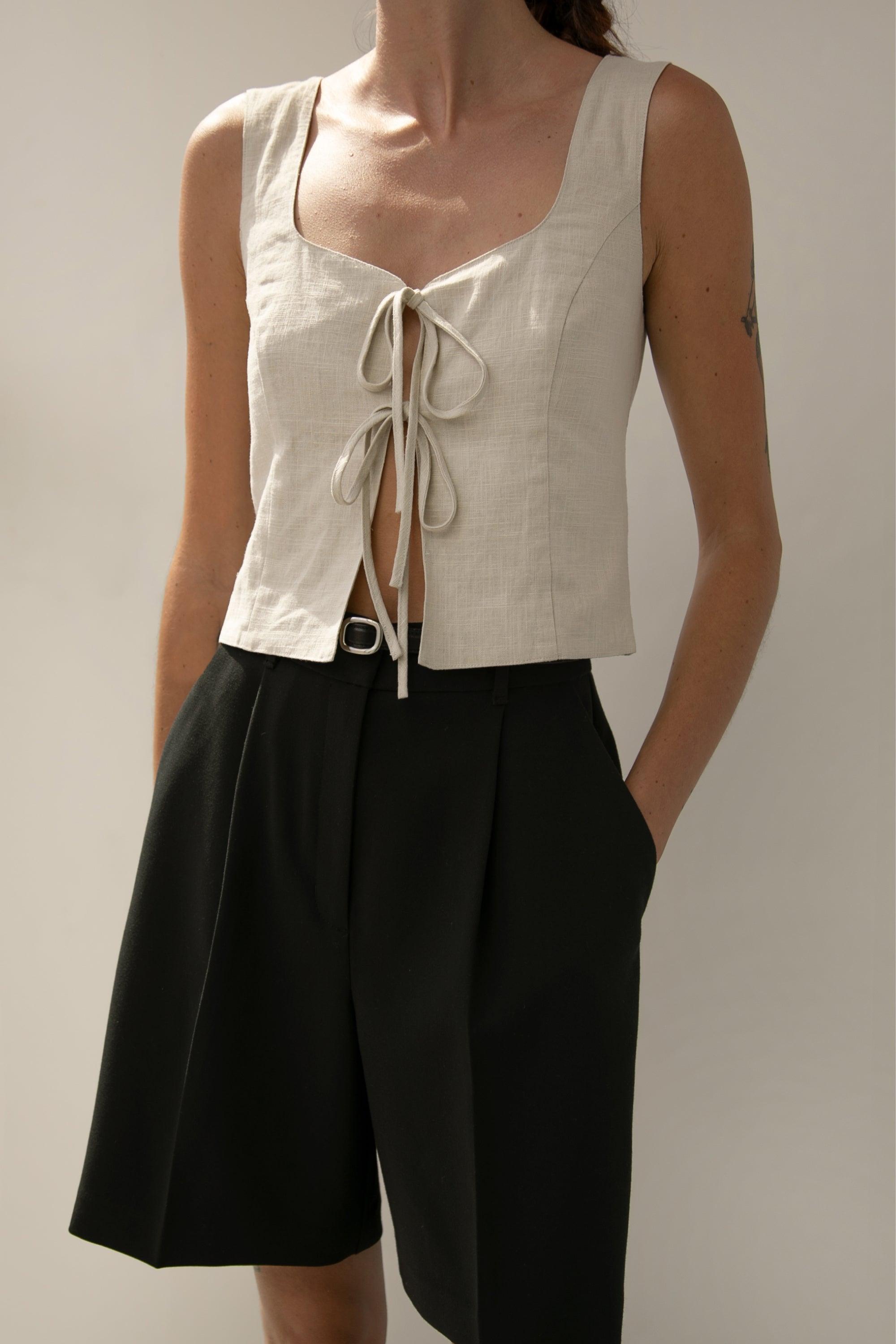 LINEN BLEND TIE FRONT TANK TOP by OAK + FORT