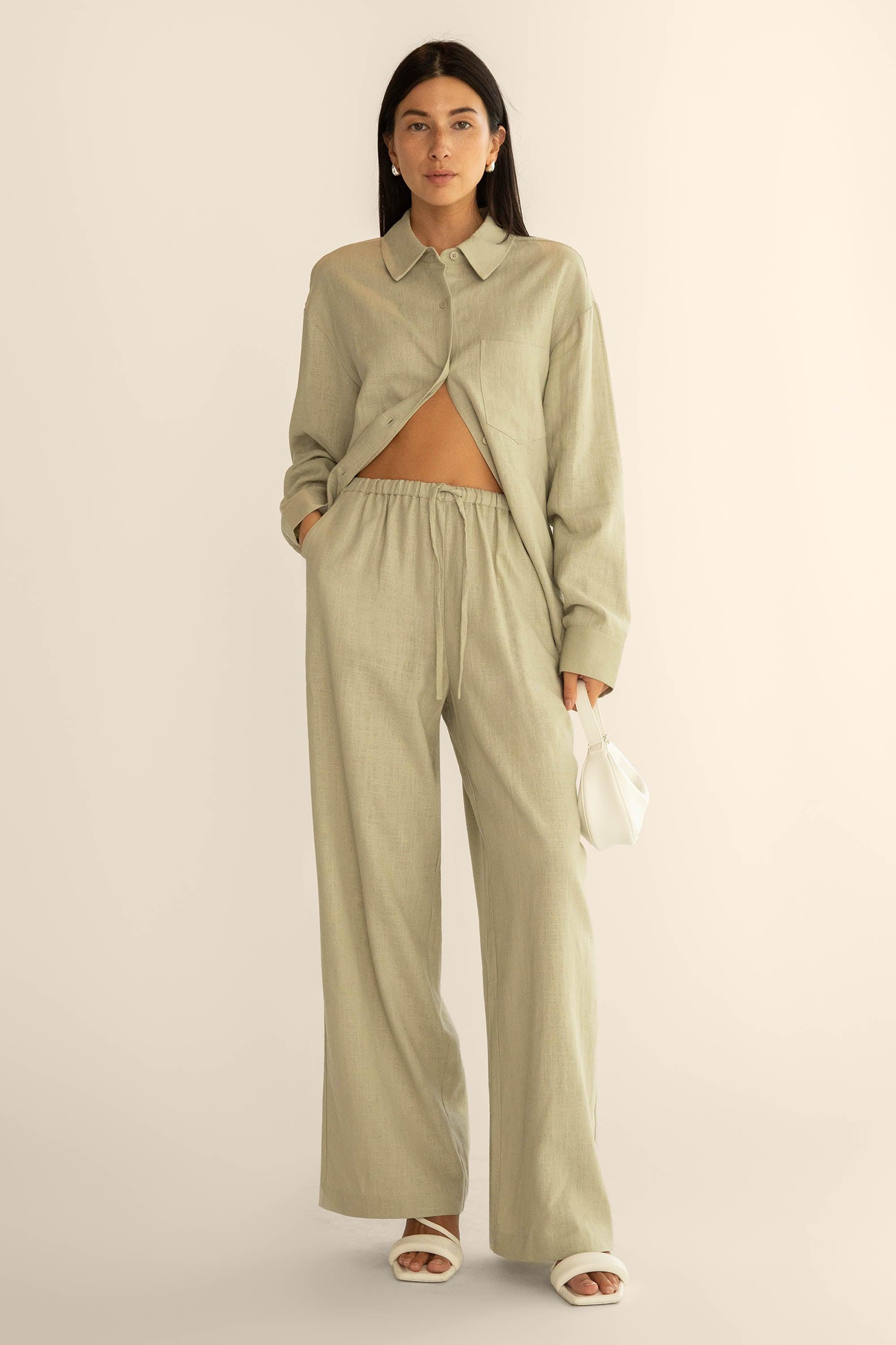 LINEN BLEND WIDE LEG PANT by OAK + FORT