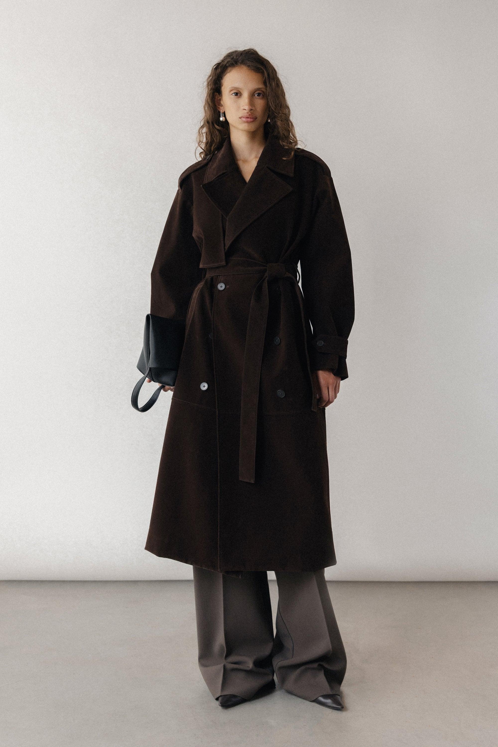 LONG PANELED VEGAN SUEDE TRENCH COAT by OAK + FORT