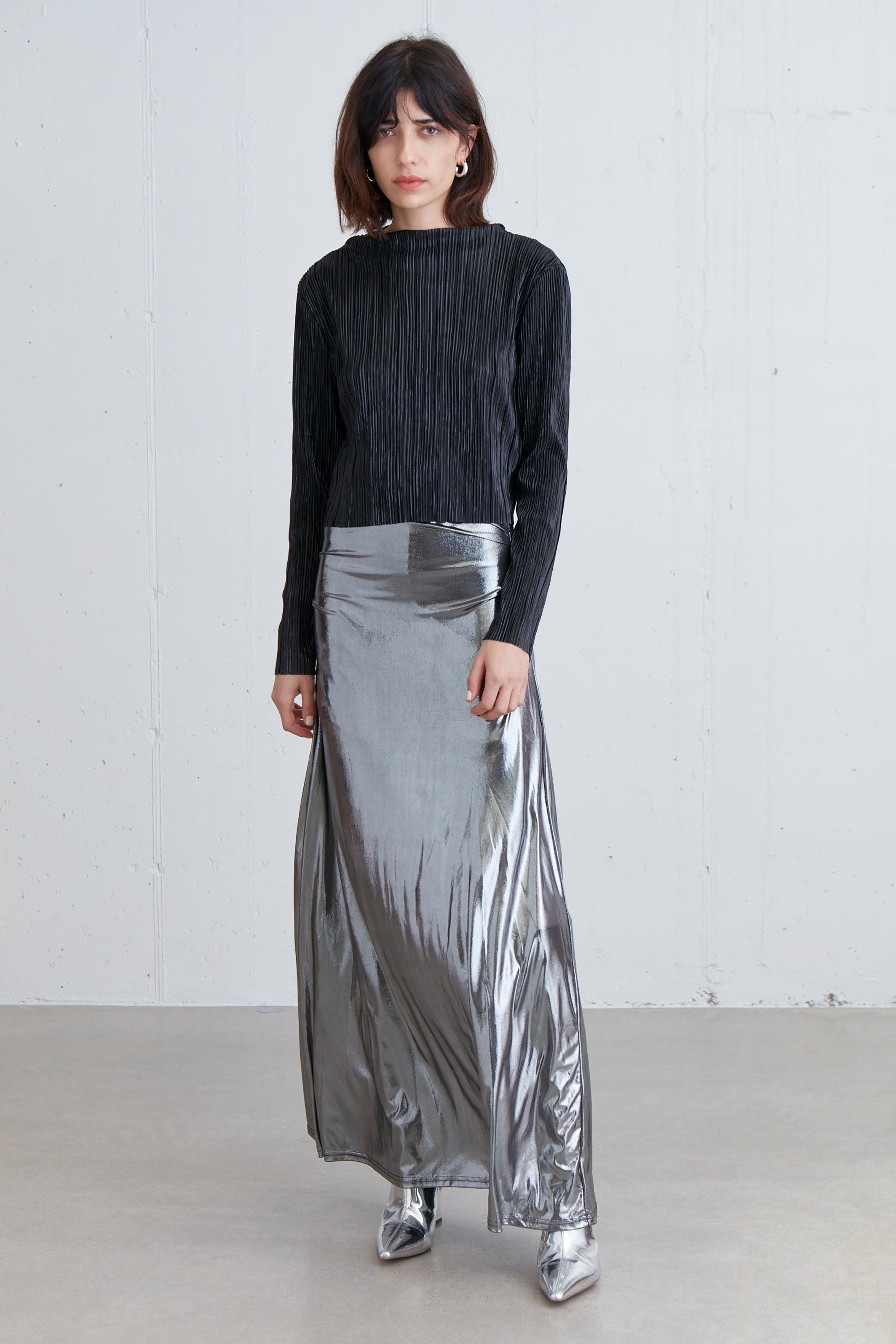 METALLIC PLEATED MOCKNECK TOP by OAK + FORT