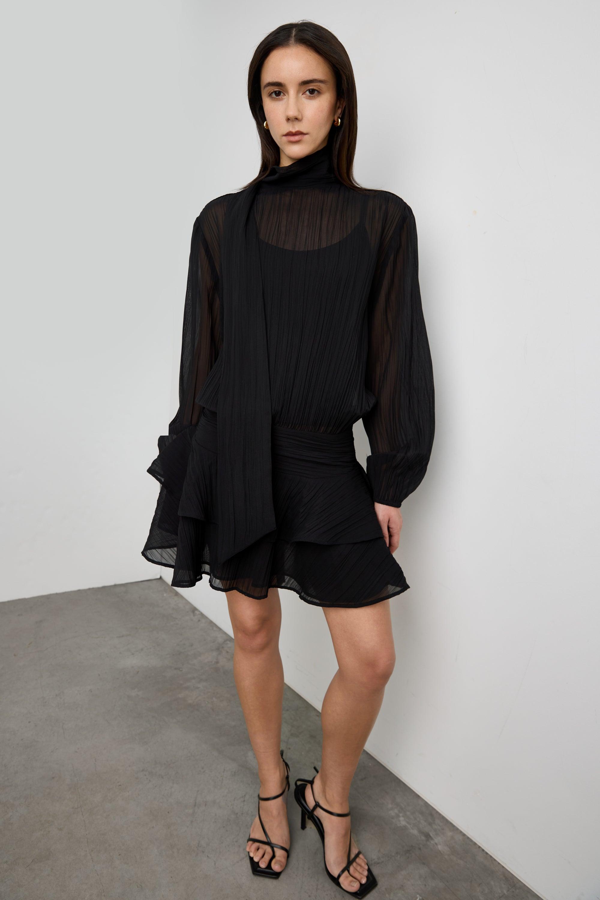 MOCKNECK LONG SLEEVE SHEER RUFFLED MINI DRESS by OAK + FORT