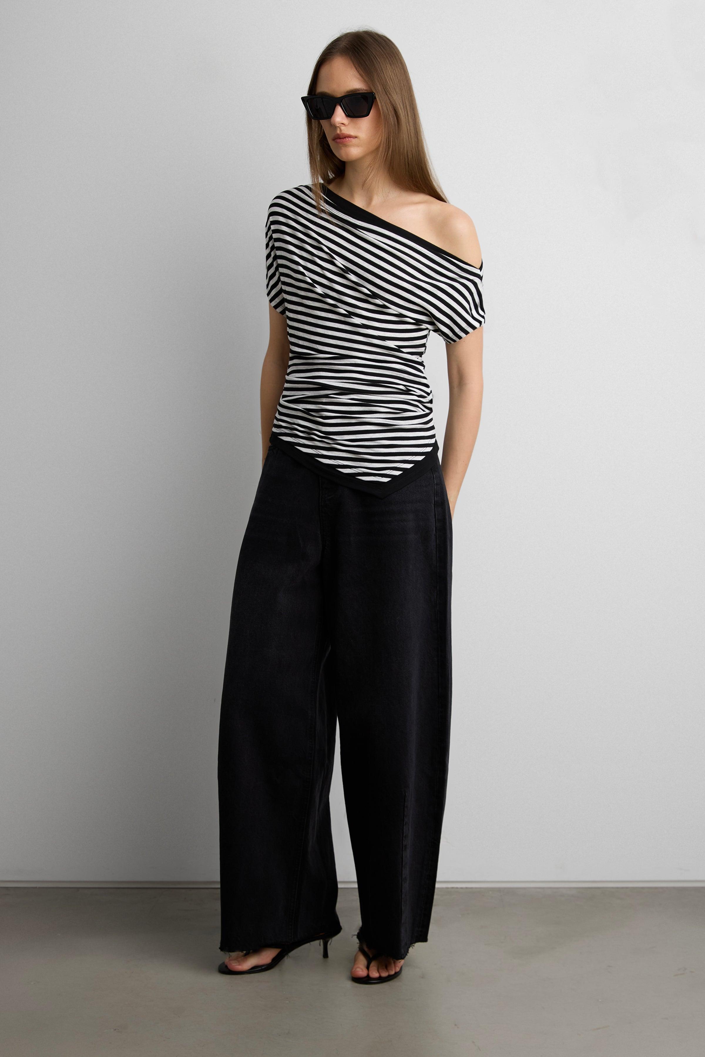 OFF SHOULDER ASYMMETRICAL STRIPE TOP by OAK + FORT