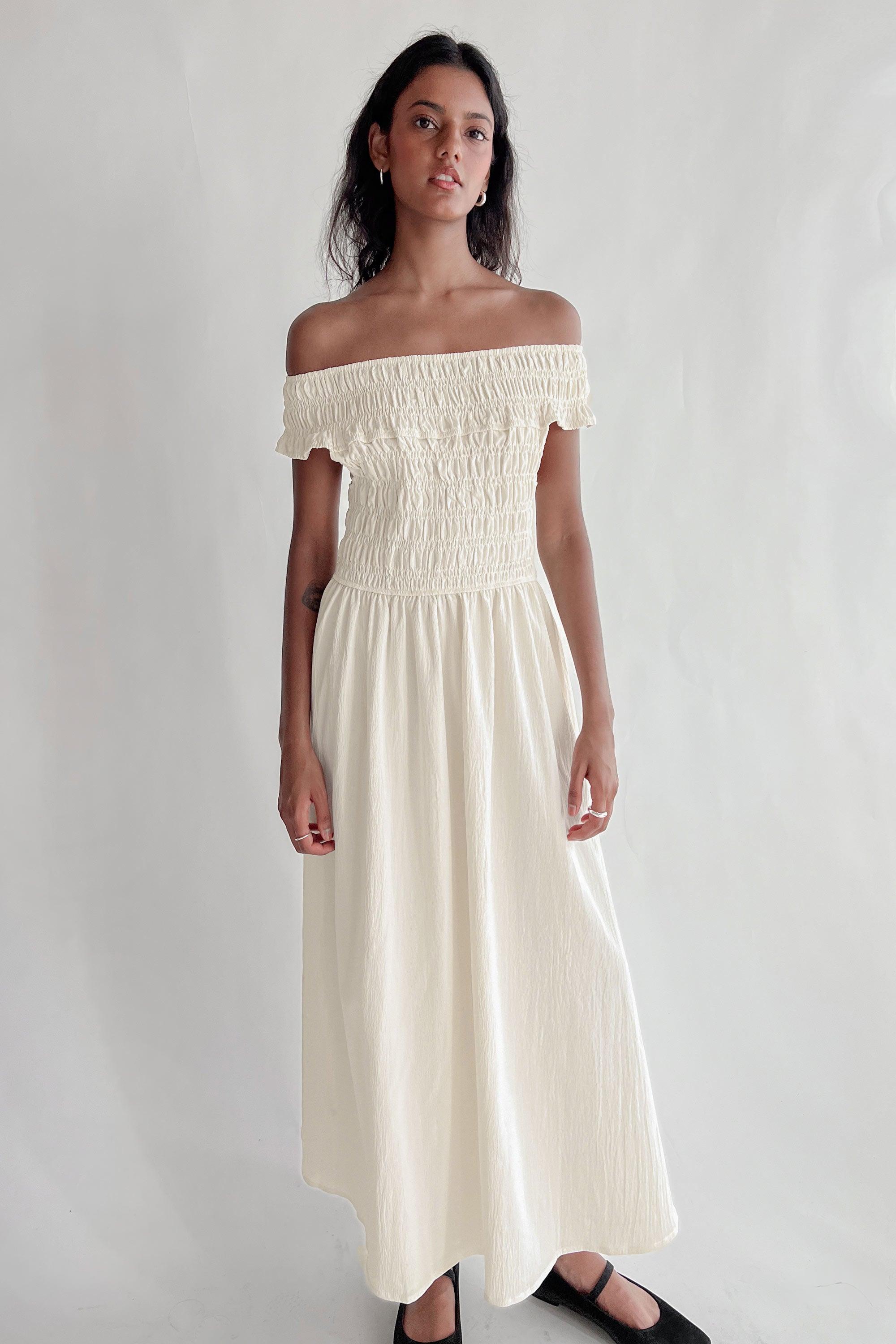 OFF-SHOULDER SMOCKED MIDI DRESS by OAK + FORT