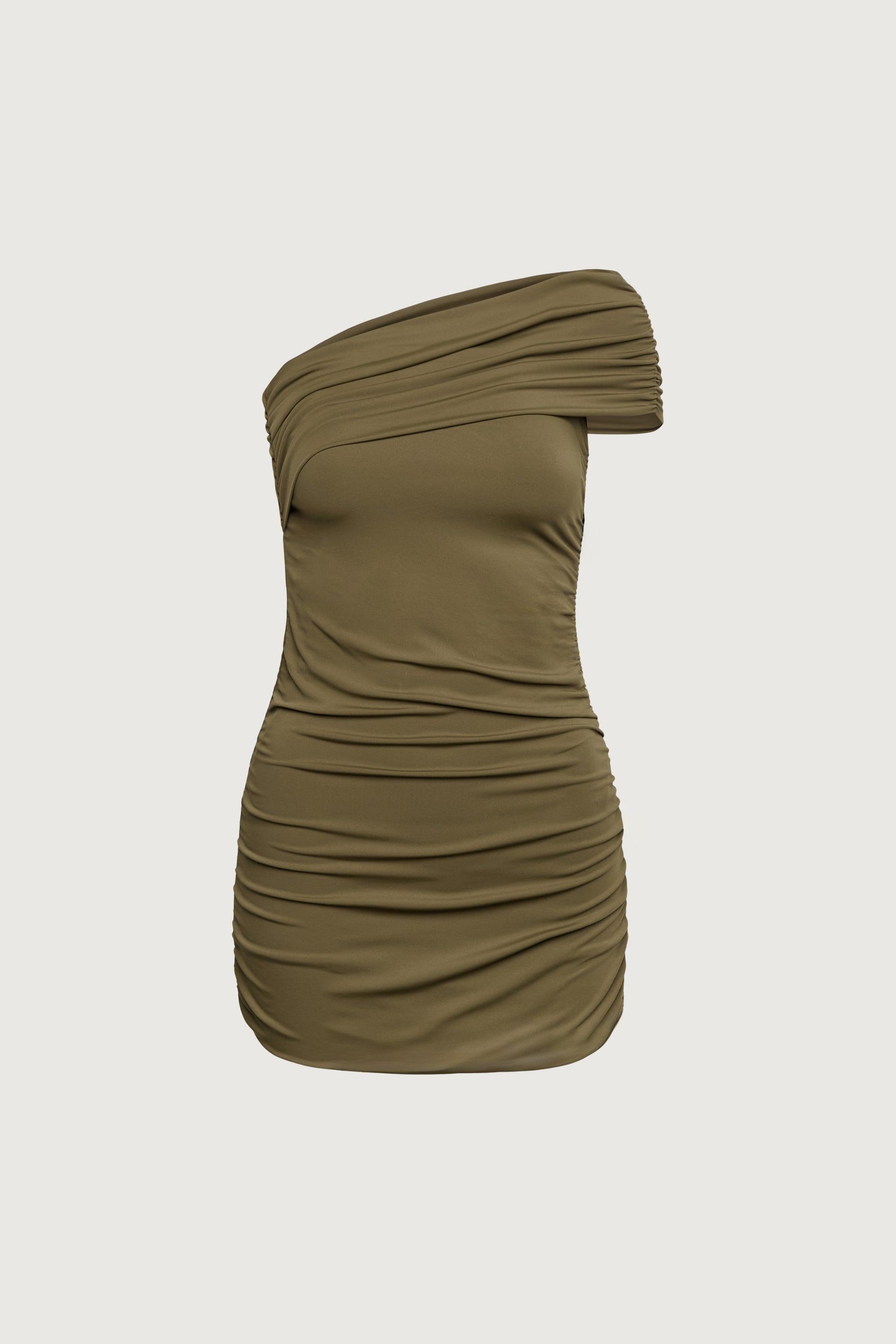 OFF THE SHOULDER RUCHED MINI DRESS by OAK + FORT