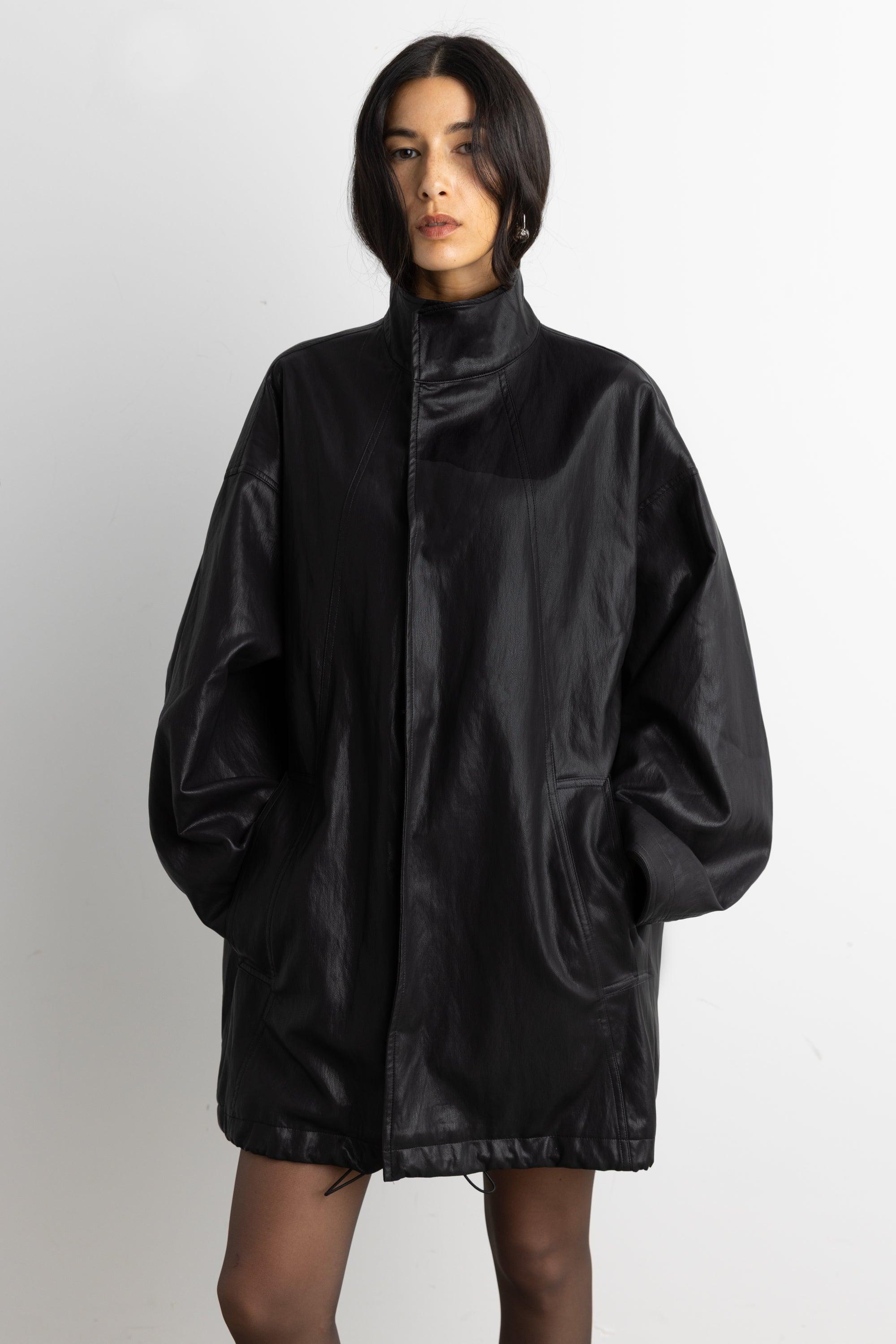 OVERSIZED FUNNEL NECK VEGAN LEATHER JACKET by OAK + FORT