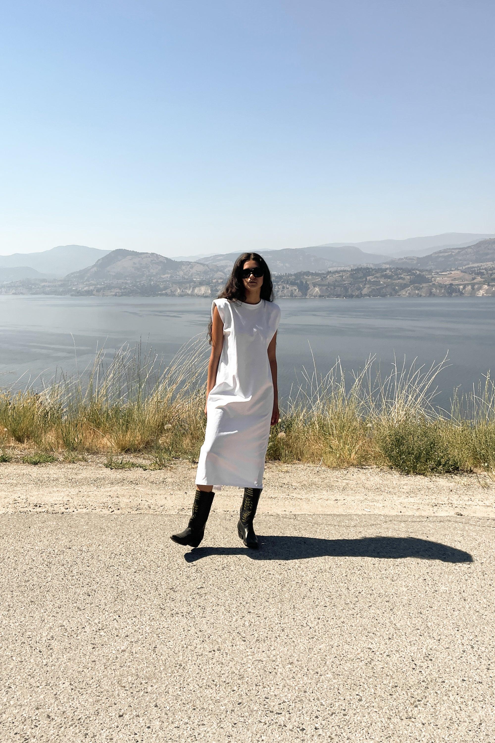 PADDED SHOULDER MIDI DRESS by OAK + FORT
