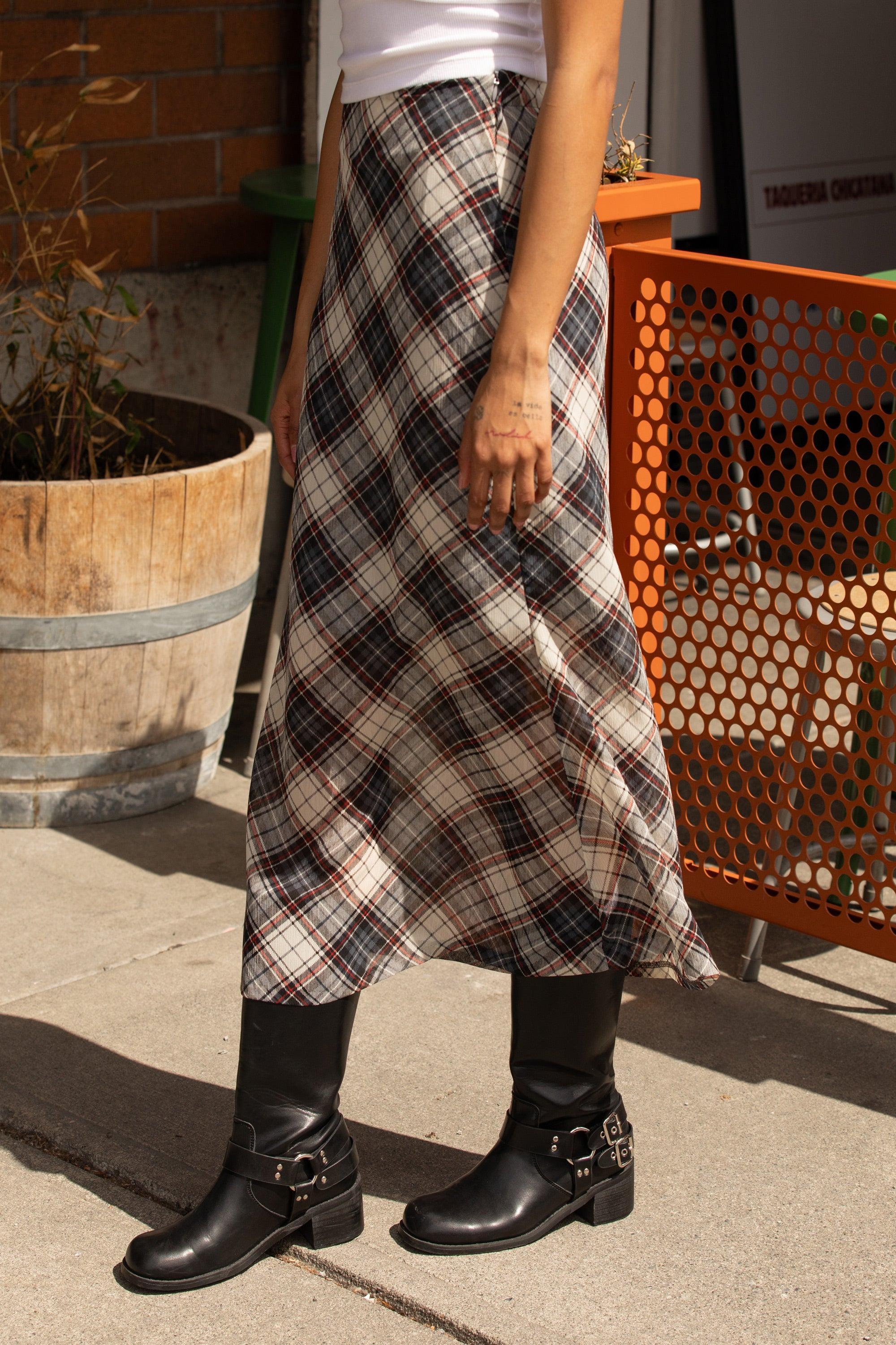 PLAID CHIFFON MIDI SKIRT by OAK + FORT