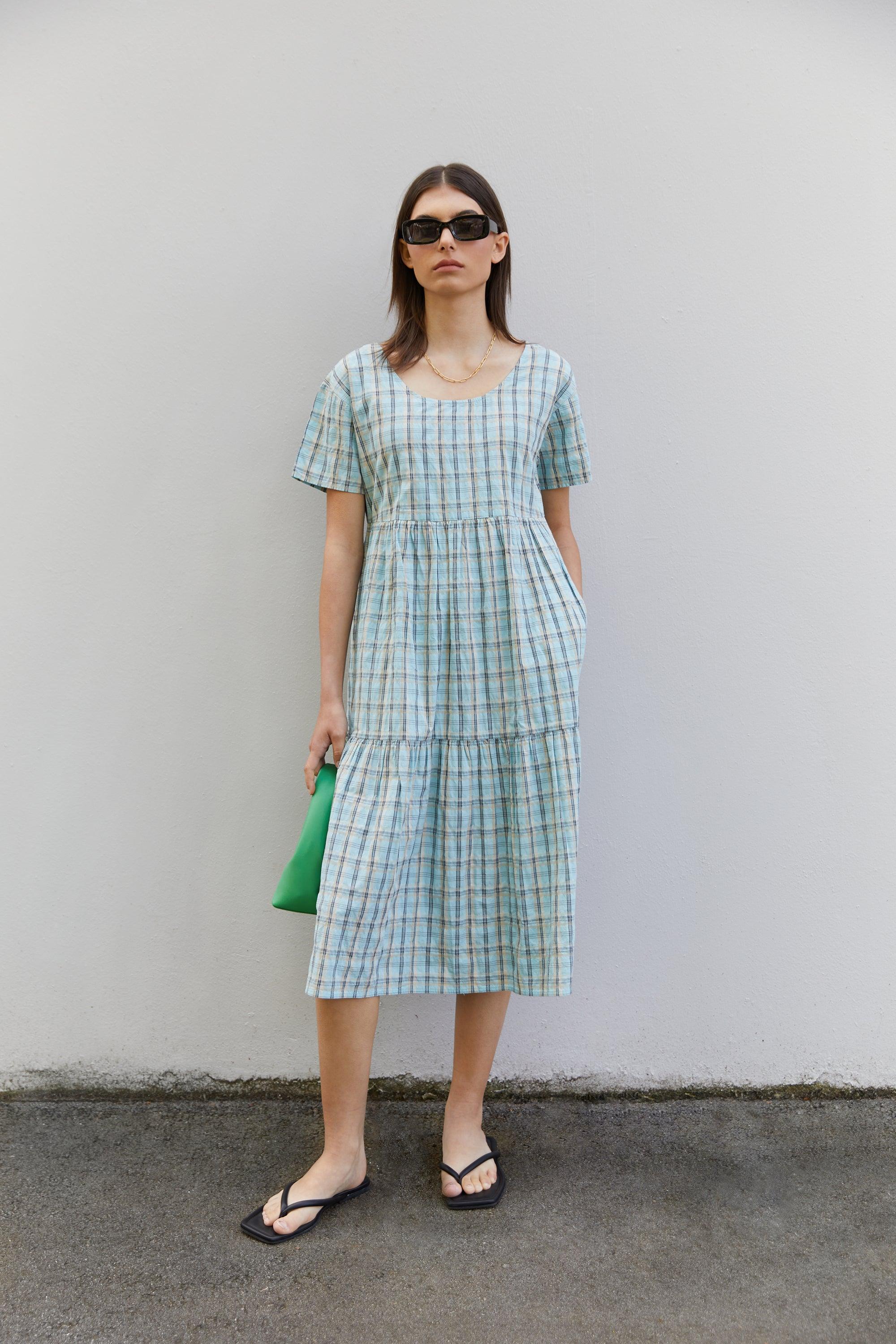 PLAID TIERED MIDI DRESS by OAK + FORT