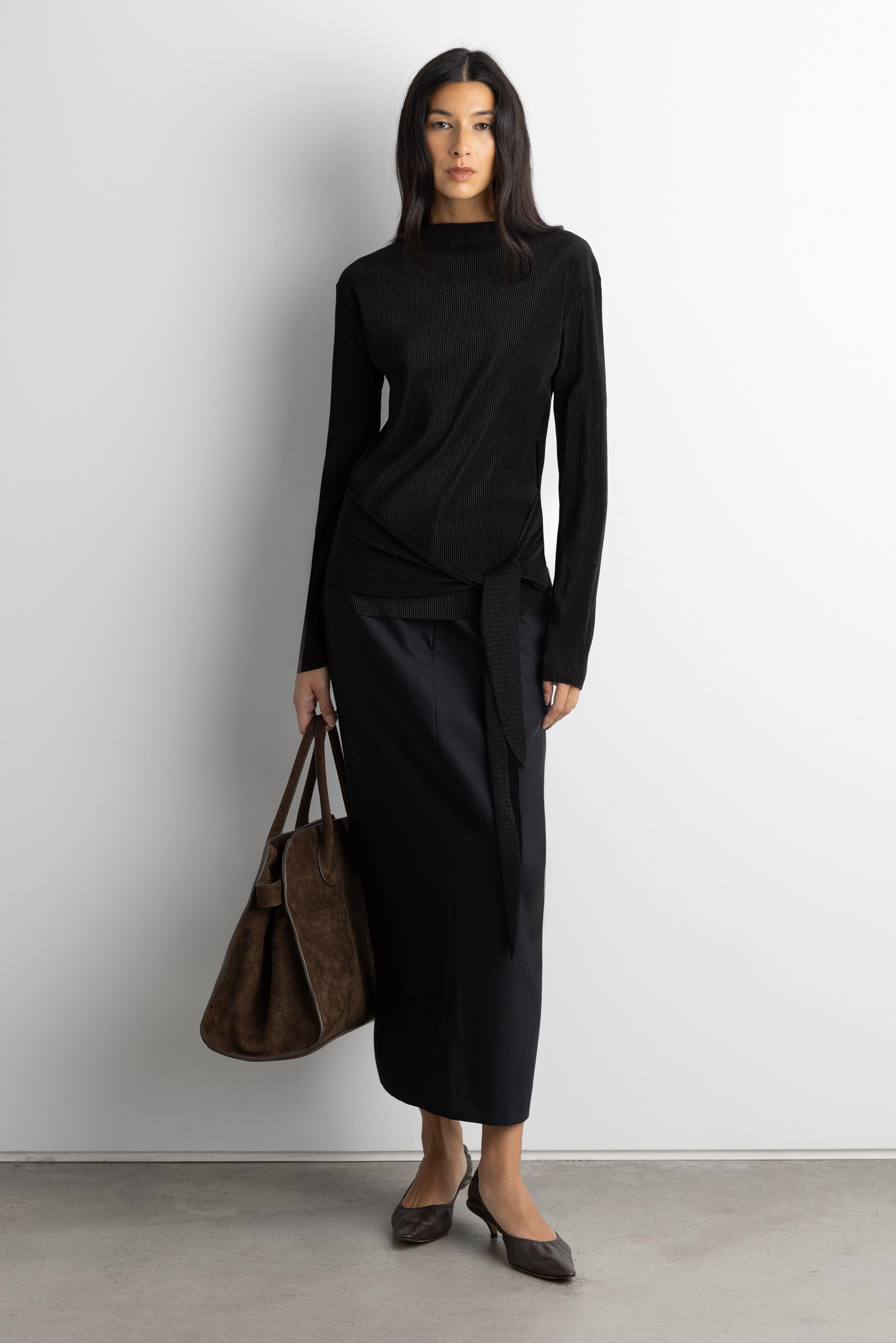 PLISSE LONG SLEEVE TOP WITH WAIST TIE by OAK + FORT