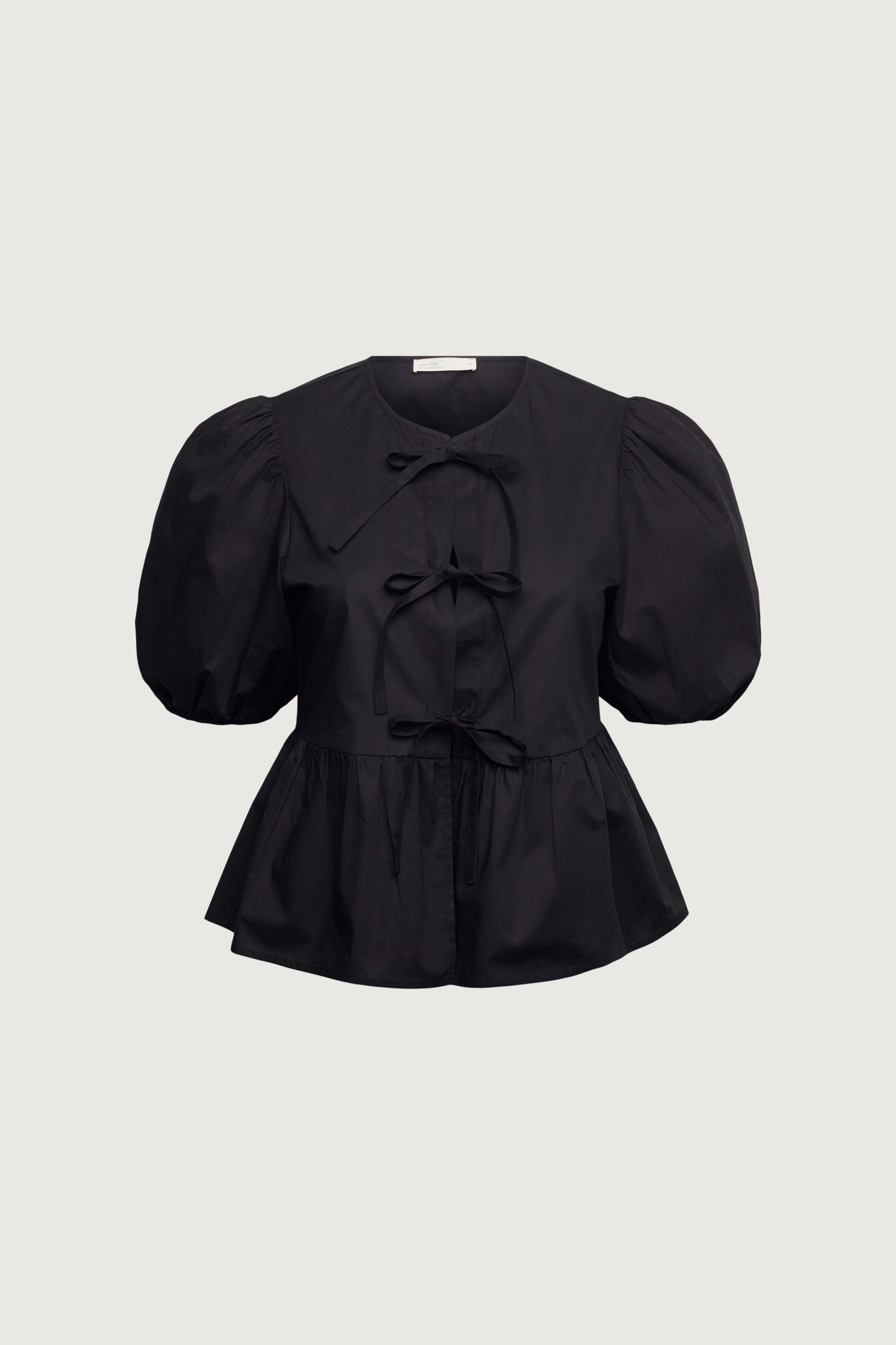 PUFF SLEEVE COTTON POPLIN BOW FRONT BLOUSE by OAK + FORT