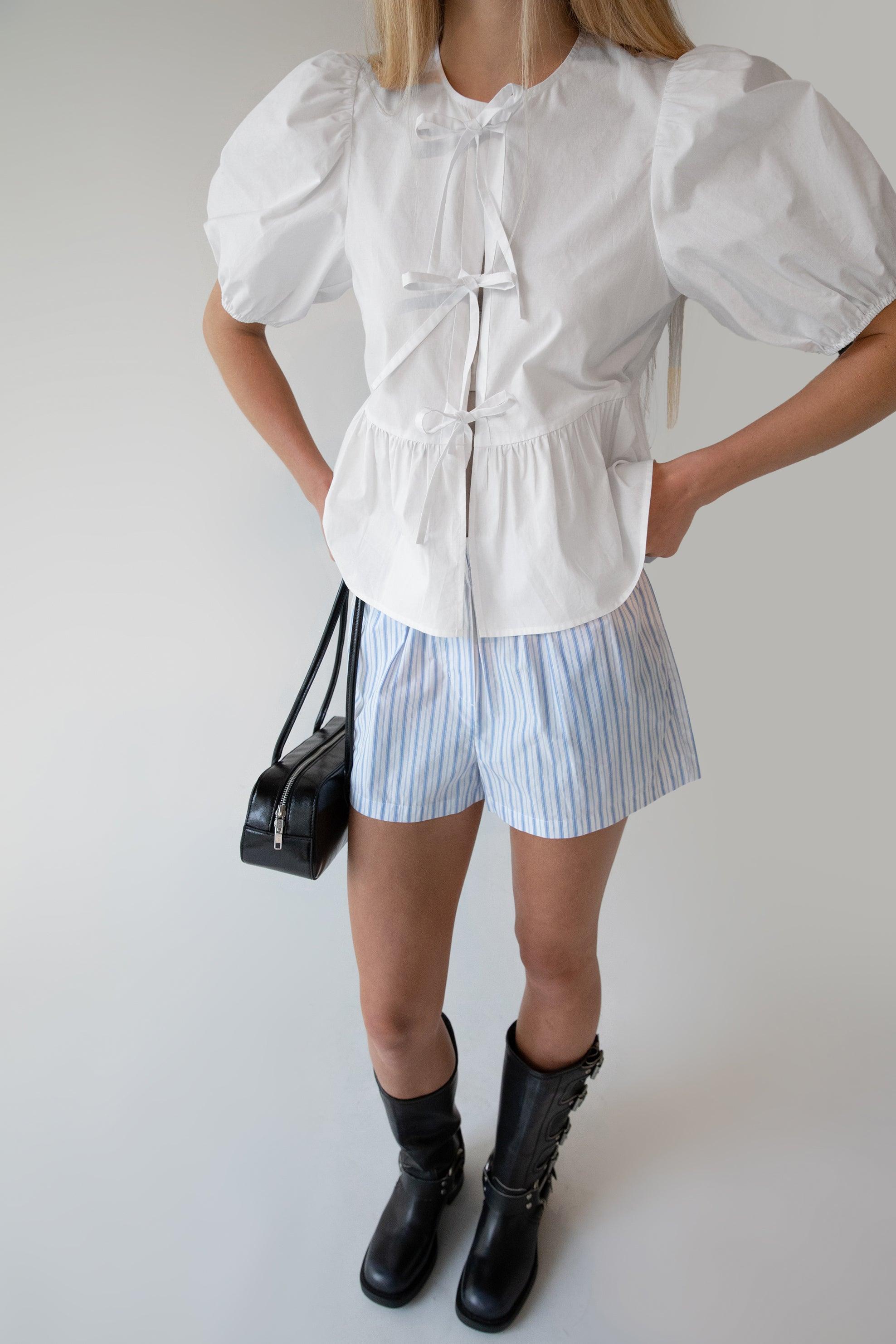 PUFF SLEEVE COTTON POPLIN BOW FRONT BLOUSE by OAK + FORT