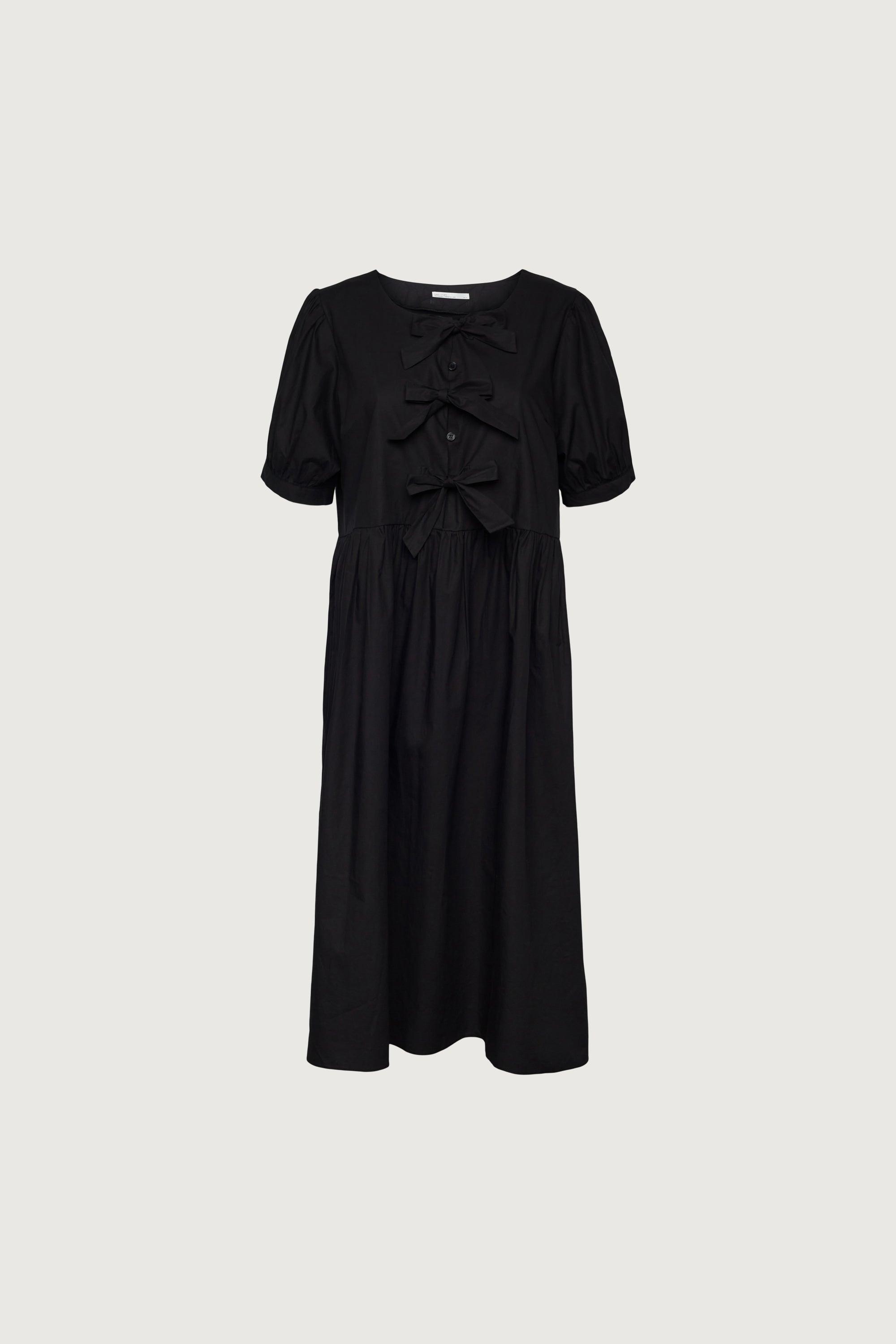 PUFF SLEEVE MIDI DRESS WITH BOWS by OAK + FORT