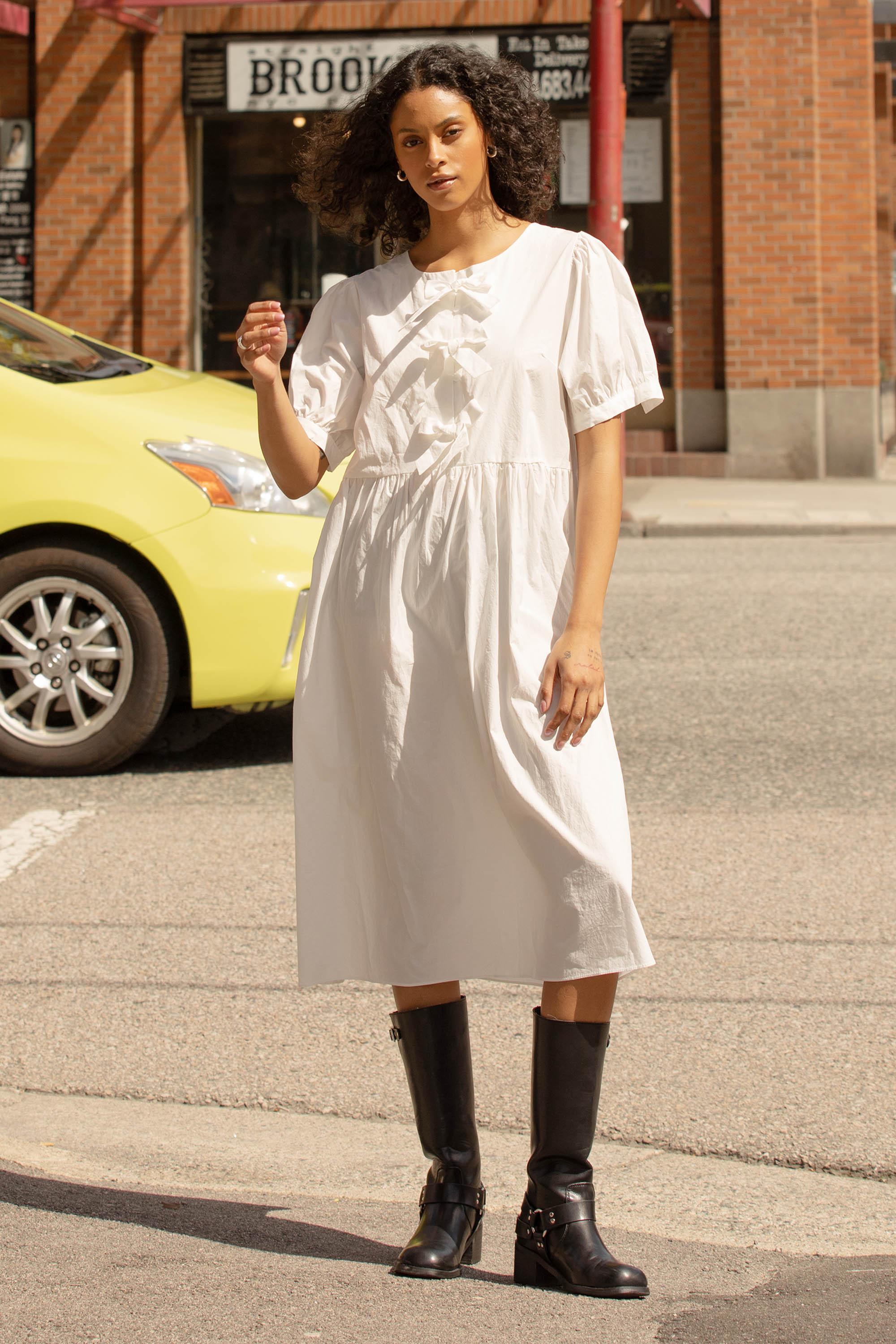 PUFF SLEEVE MIDI DRESS WITH BOWS by OAK + FORT