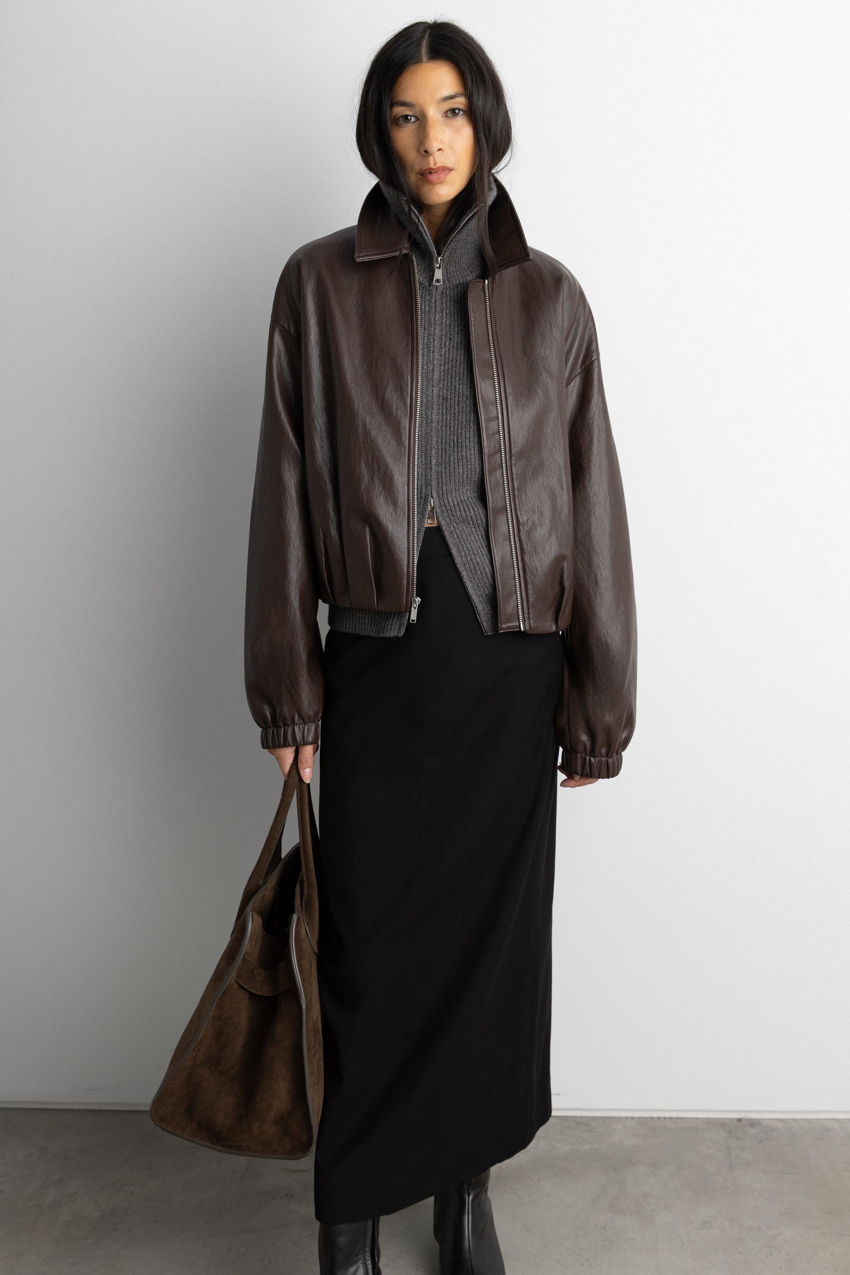 PUFFED VEGAN LEATHER BOMBER JACKET WITH PLEATS by OAK + FORT