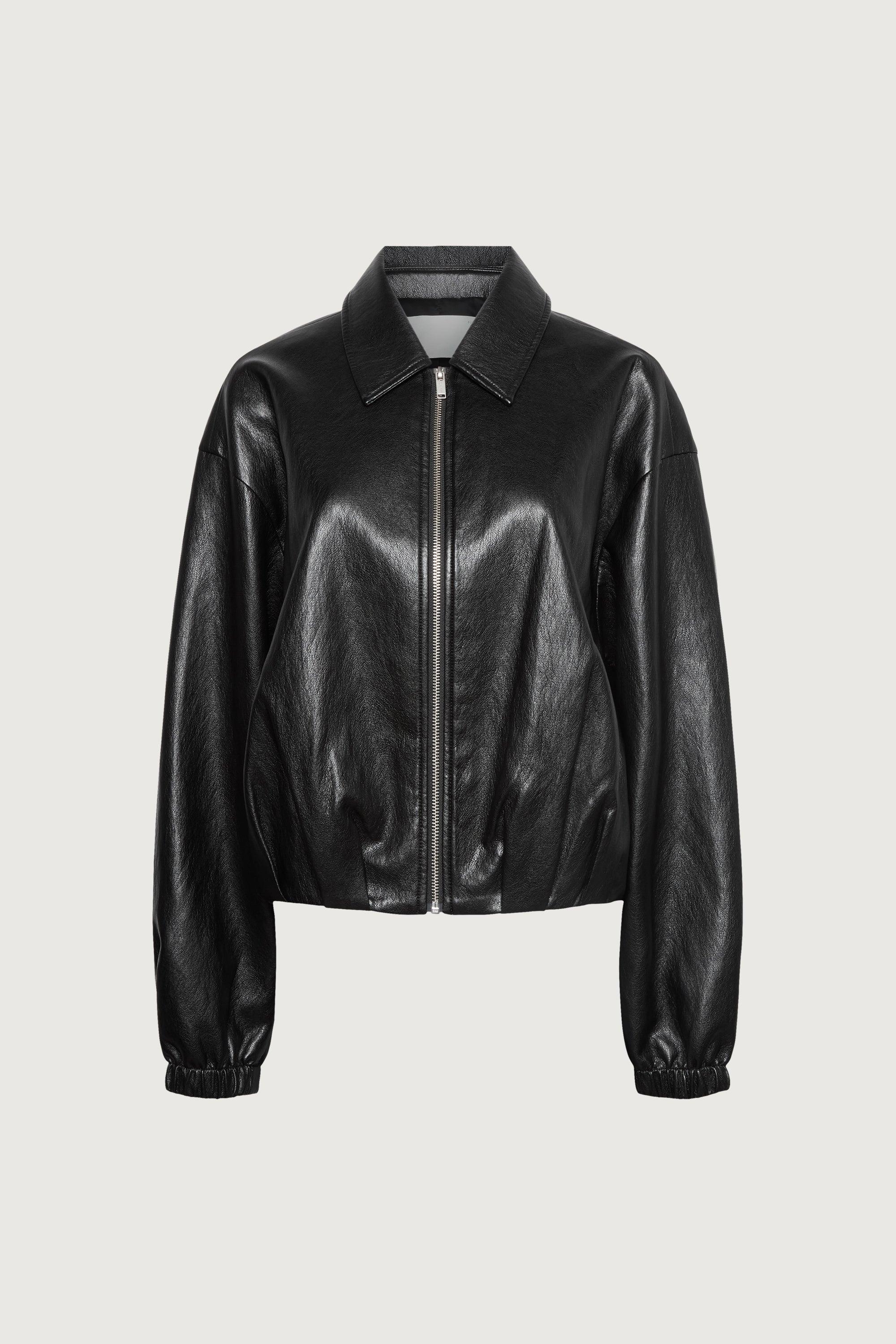 PUFFED VEGAN LEATHER BOMBER JACKET WITH PLEATS by OAK + FORT
