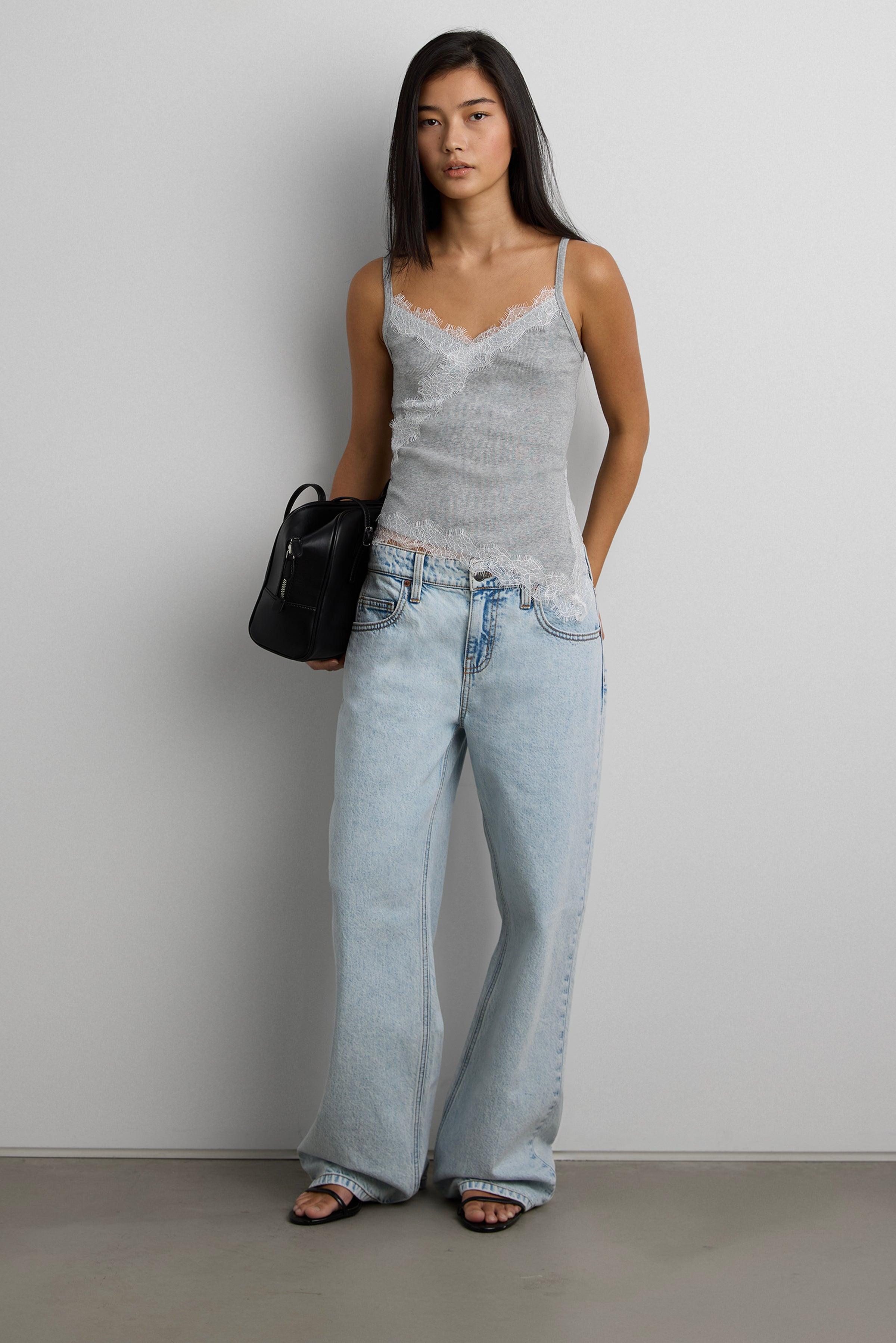 RIBBED ASYMMETRICAL LACE TRIM TANK TOP by OAK + FORT