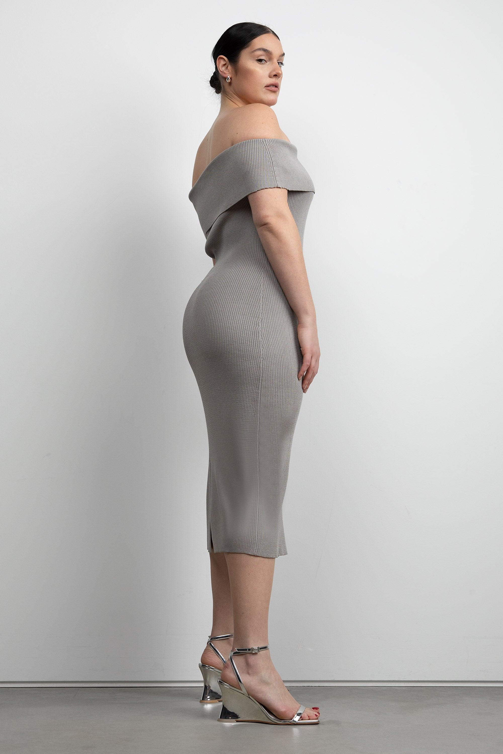 RIBBED OFF THE SHOULDER MIDI DRESS by OAK + FORT