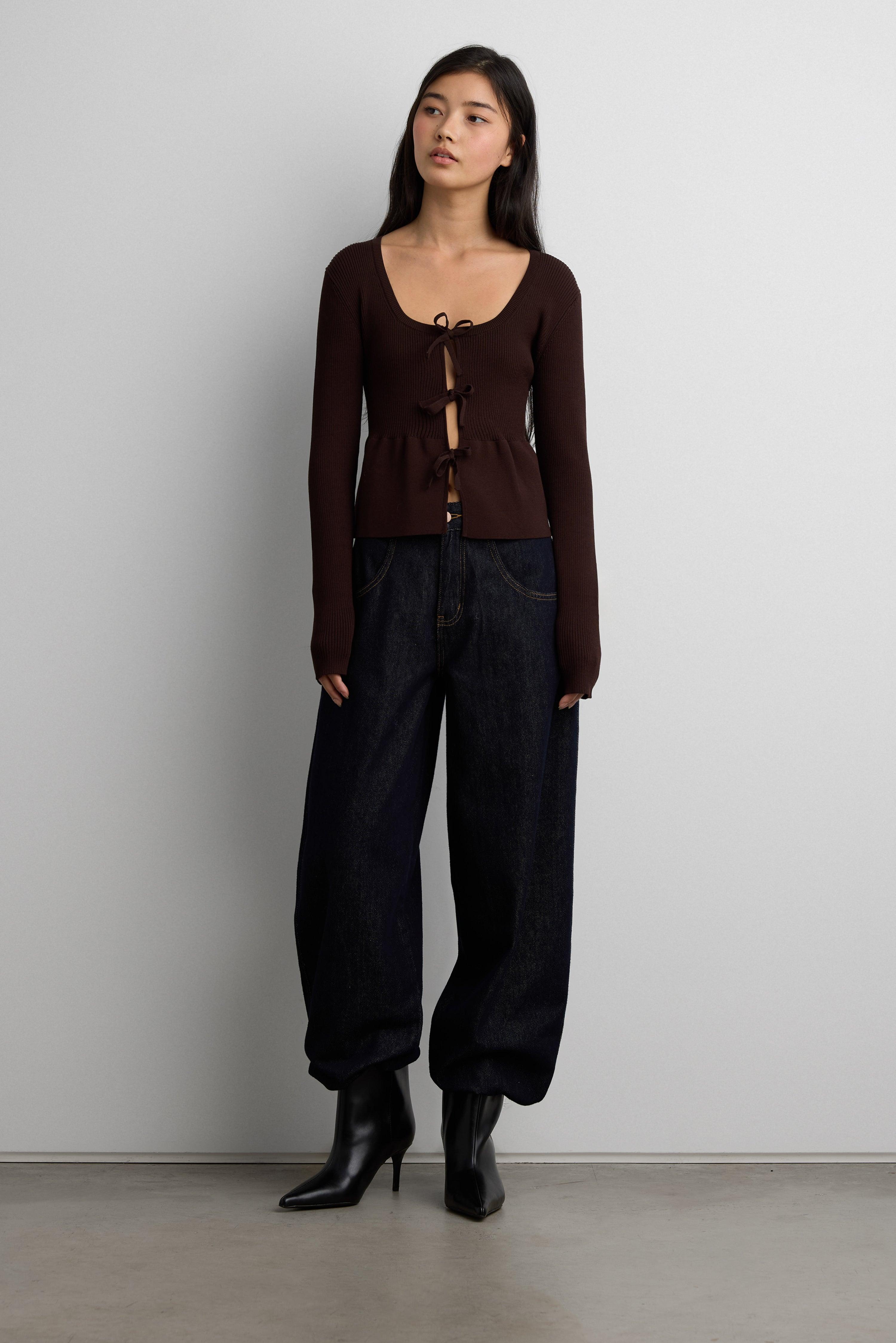 RIBBED TIE FRONT PEPLUM SWEATER by OAK + FORT