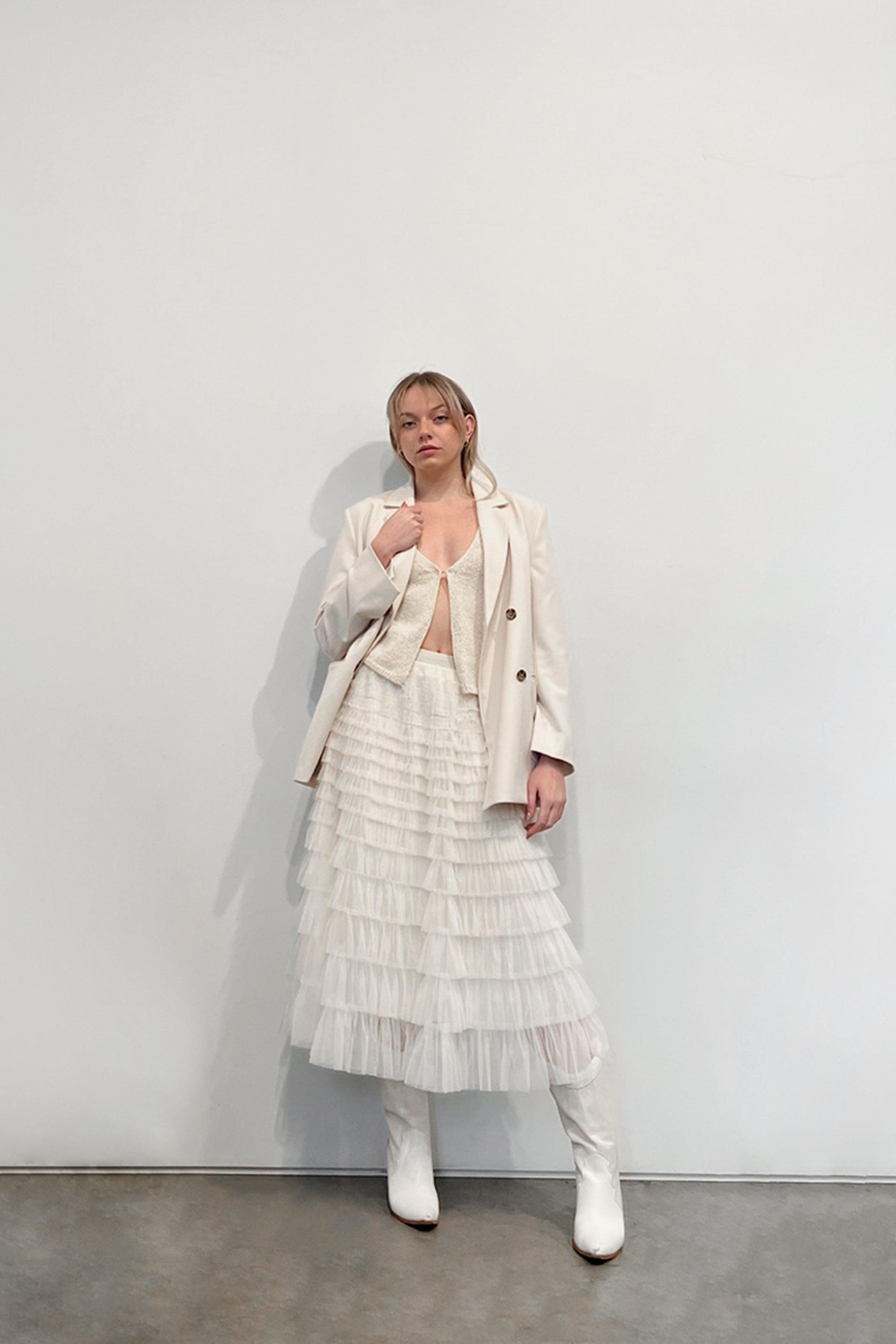 RUFFLE LAYERED MIDI SKIRT by OAK + FORT