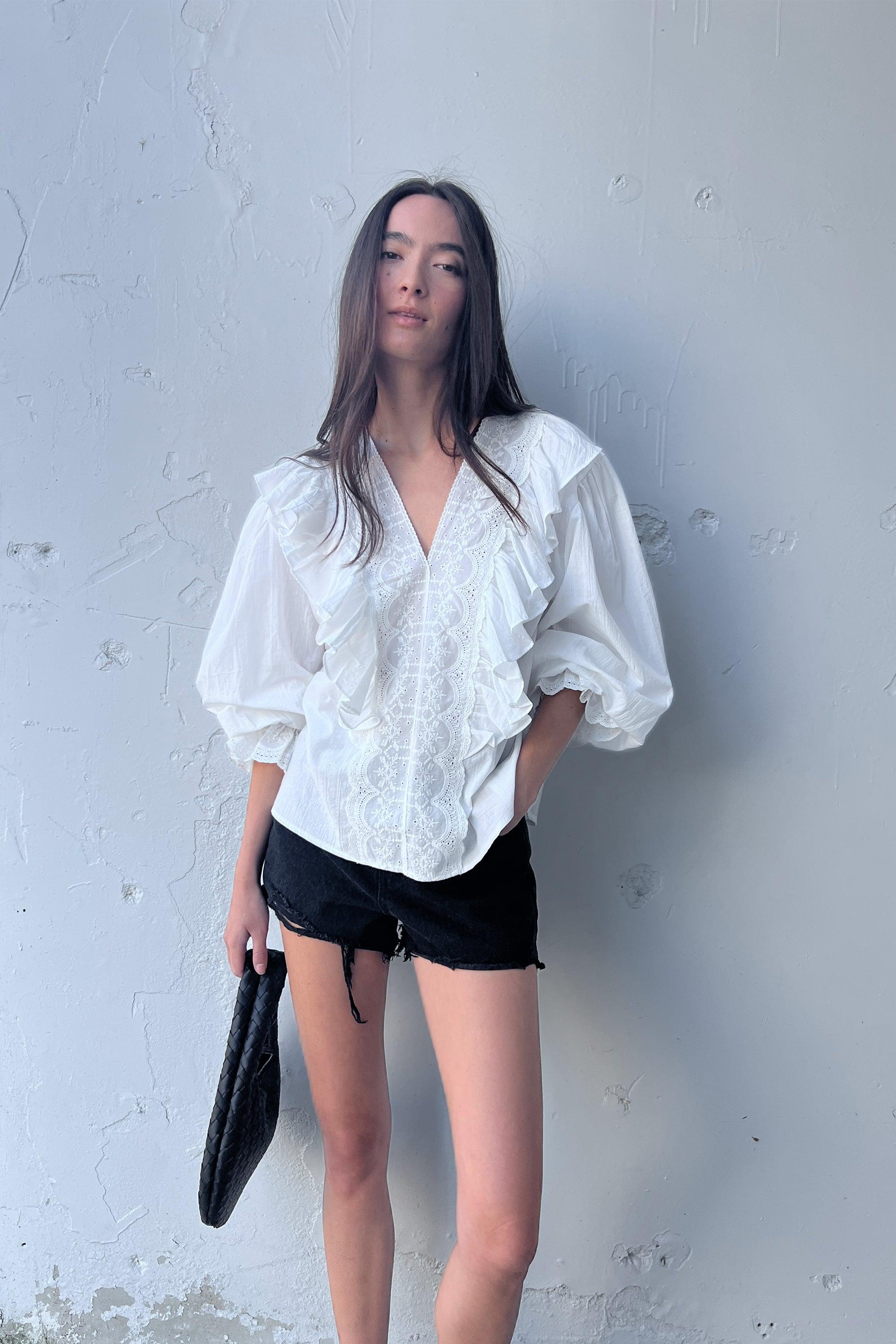 RUFFLED V-NECK BLOUSE by OAK + FORT