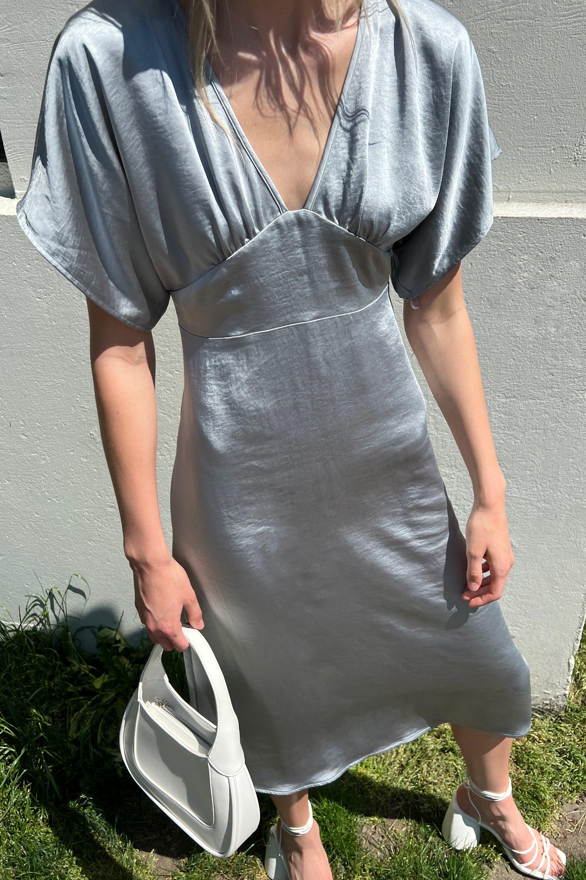 SATIN BUTTERFLY SLEEVE MIDI DRESS by OAK + FORT