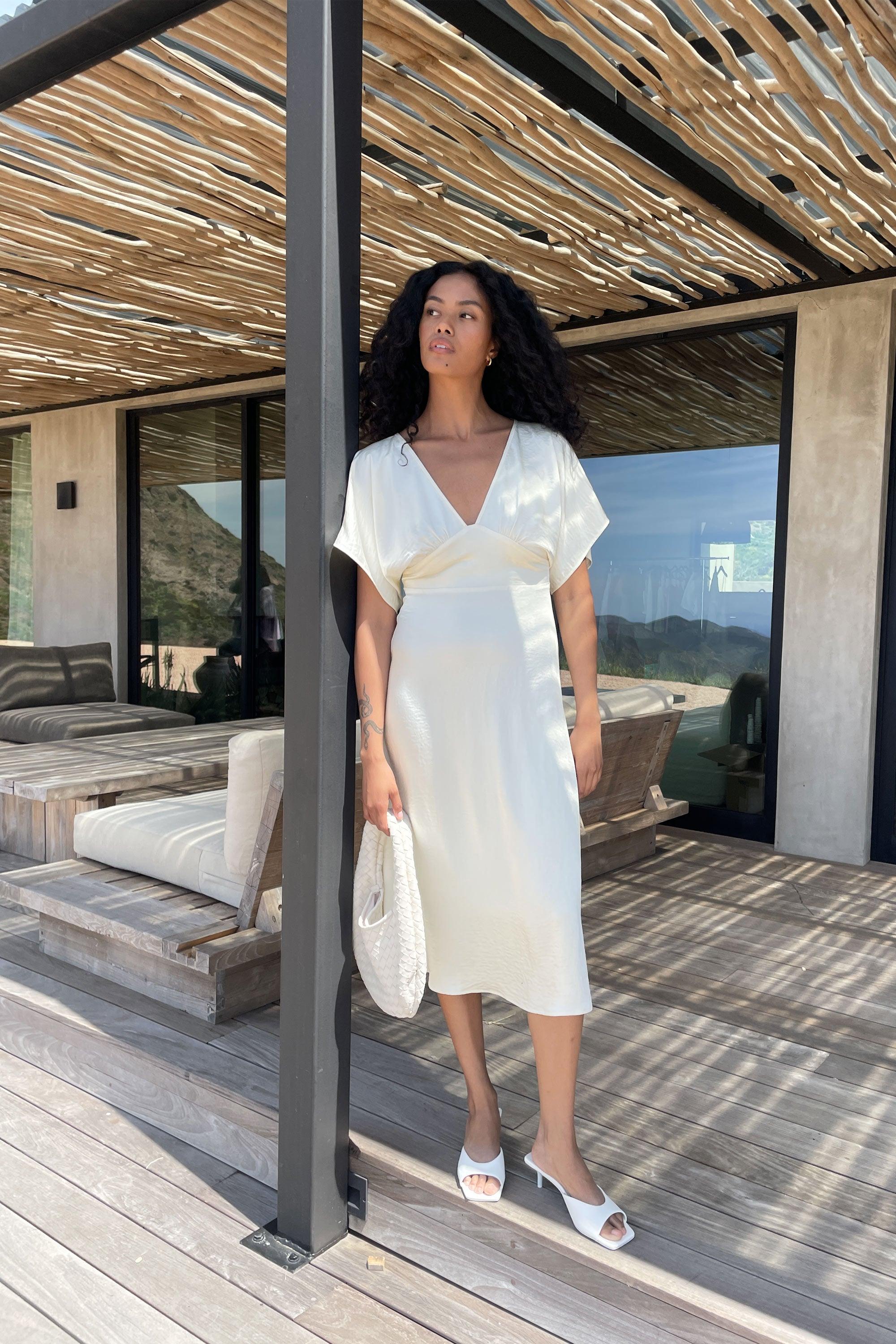SATIN BUTTERFLY SLEEVE MIDI DRESS by OAK + FORT