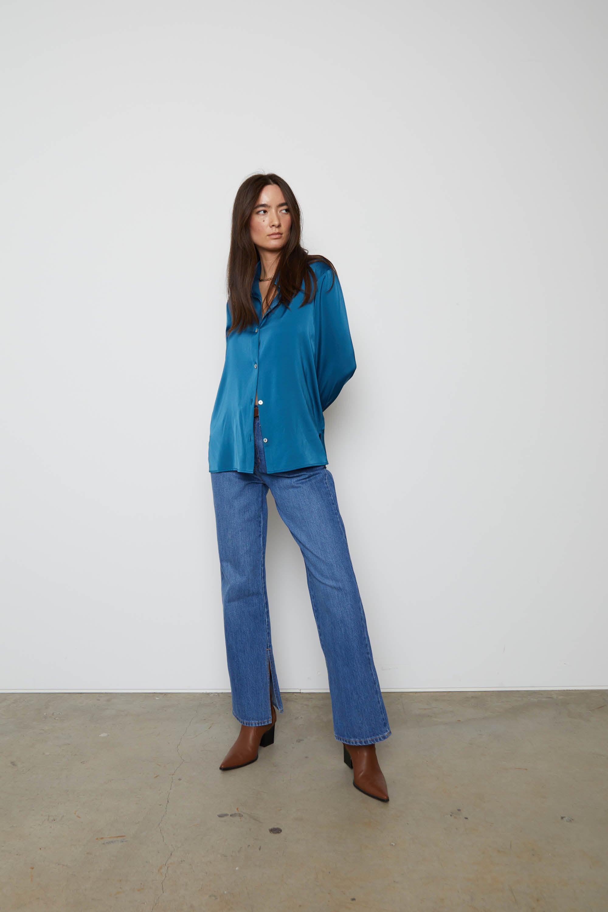 SATIN BUTTON-UP BLOUSE by OAK + FORT