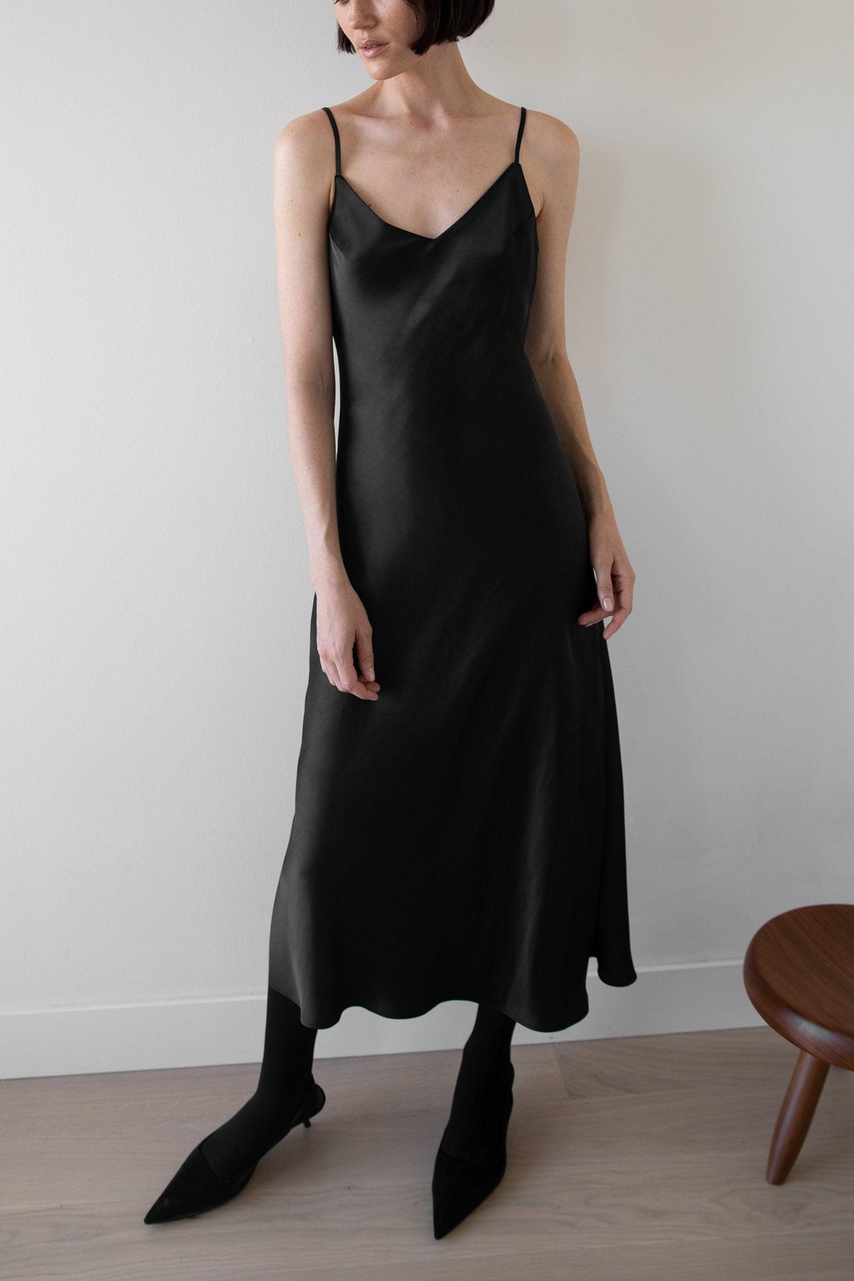 SATIN V-NECK SLIP MIDI DRESS by OAK + FORT