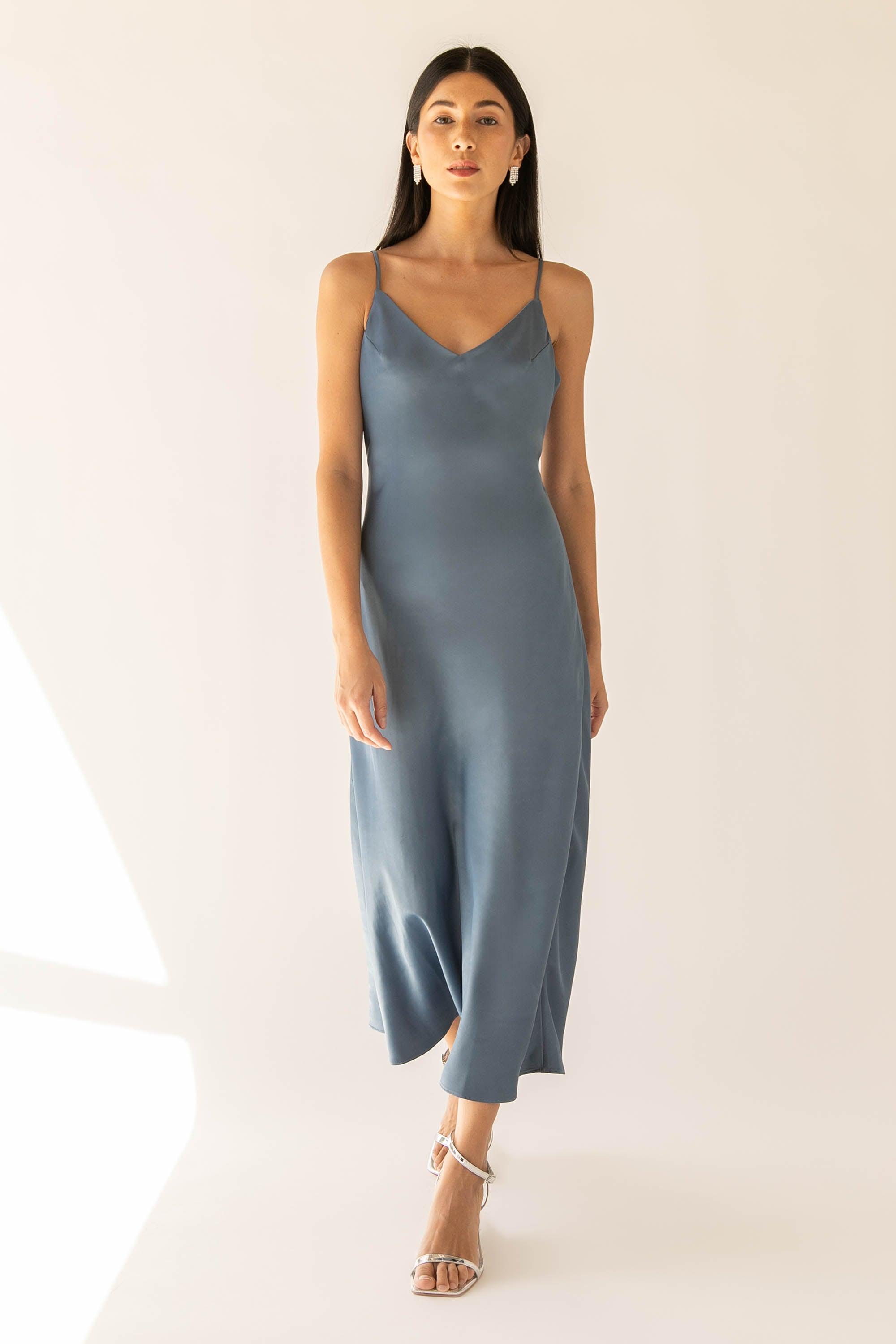 SATIN V-NECK SLIP MIDI DRESS by OAK + FORT