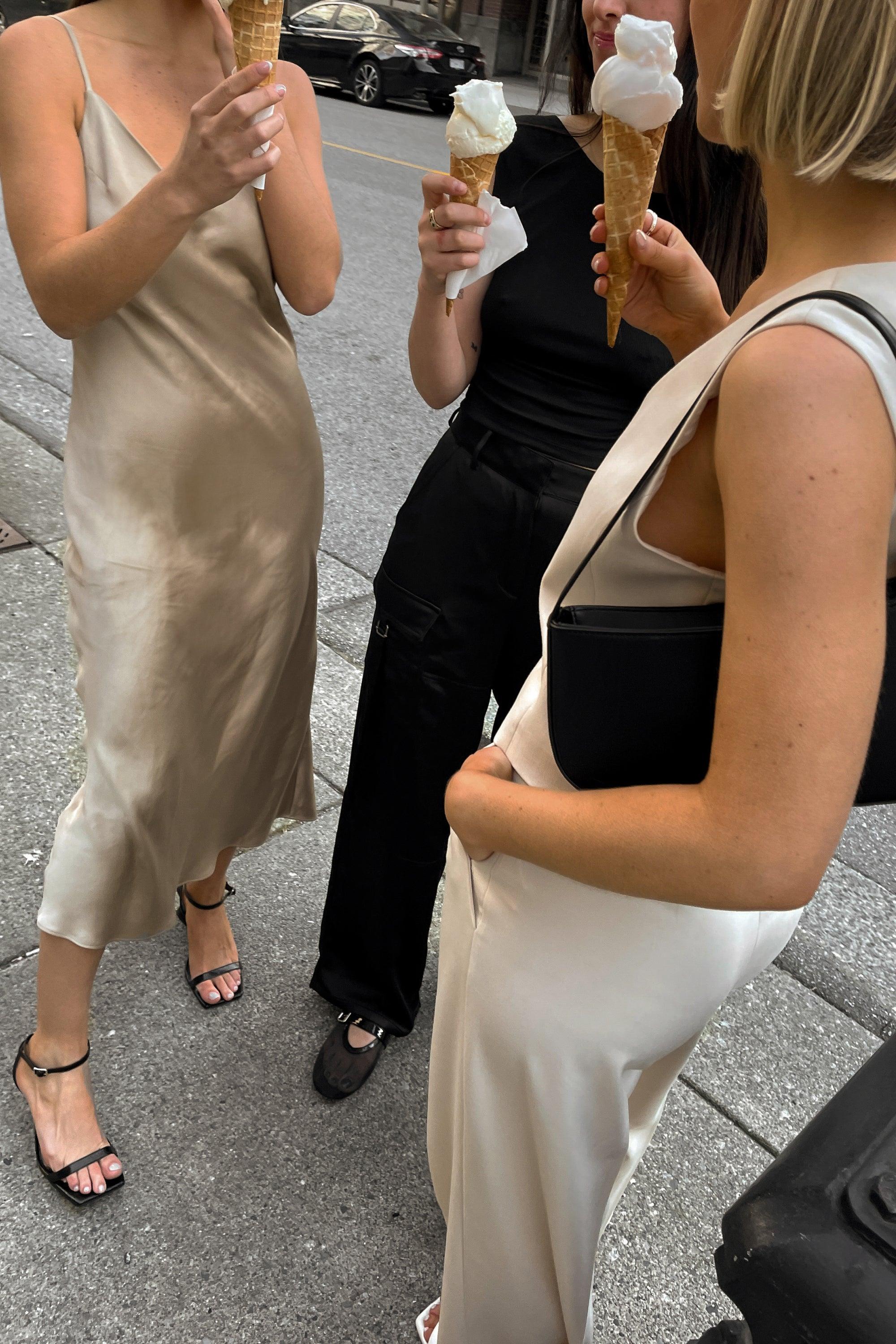 SATIN V-NECK SLIP MIDI DRESS by OAK + FORT
