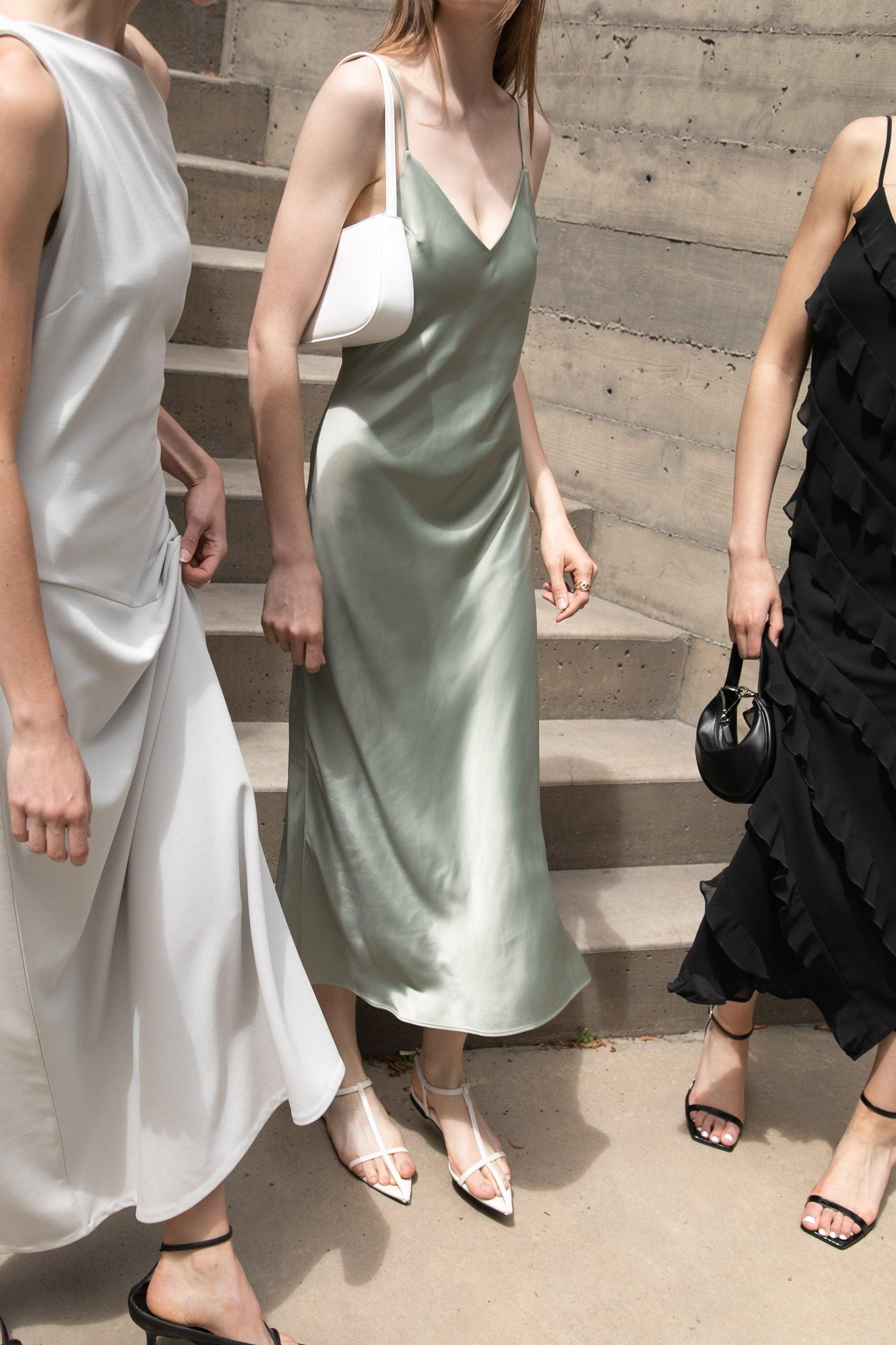 SATIN V-NECK SLIP MIDI DRESS by OAK + FORT