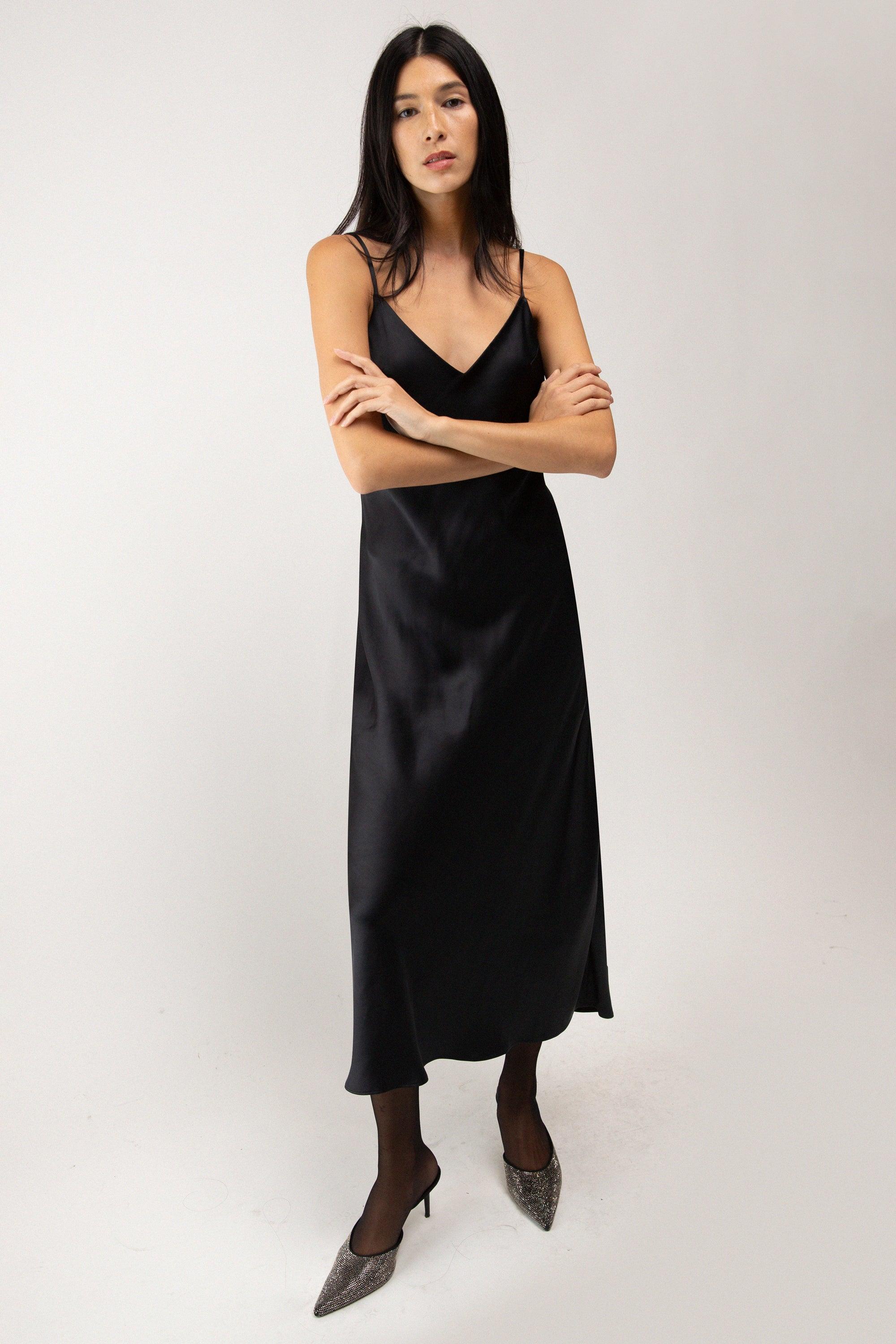 SATIN V-NECK SLIP MIDI DRESS by OAK + FORT