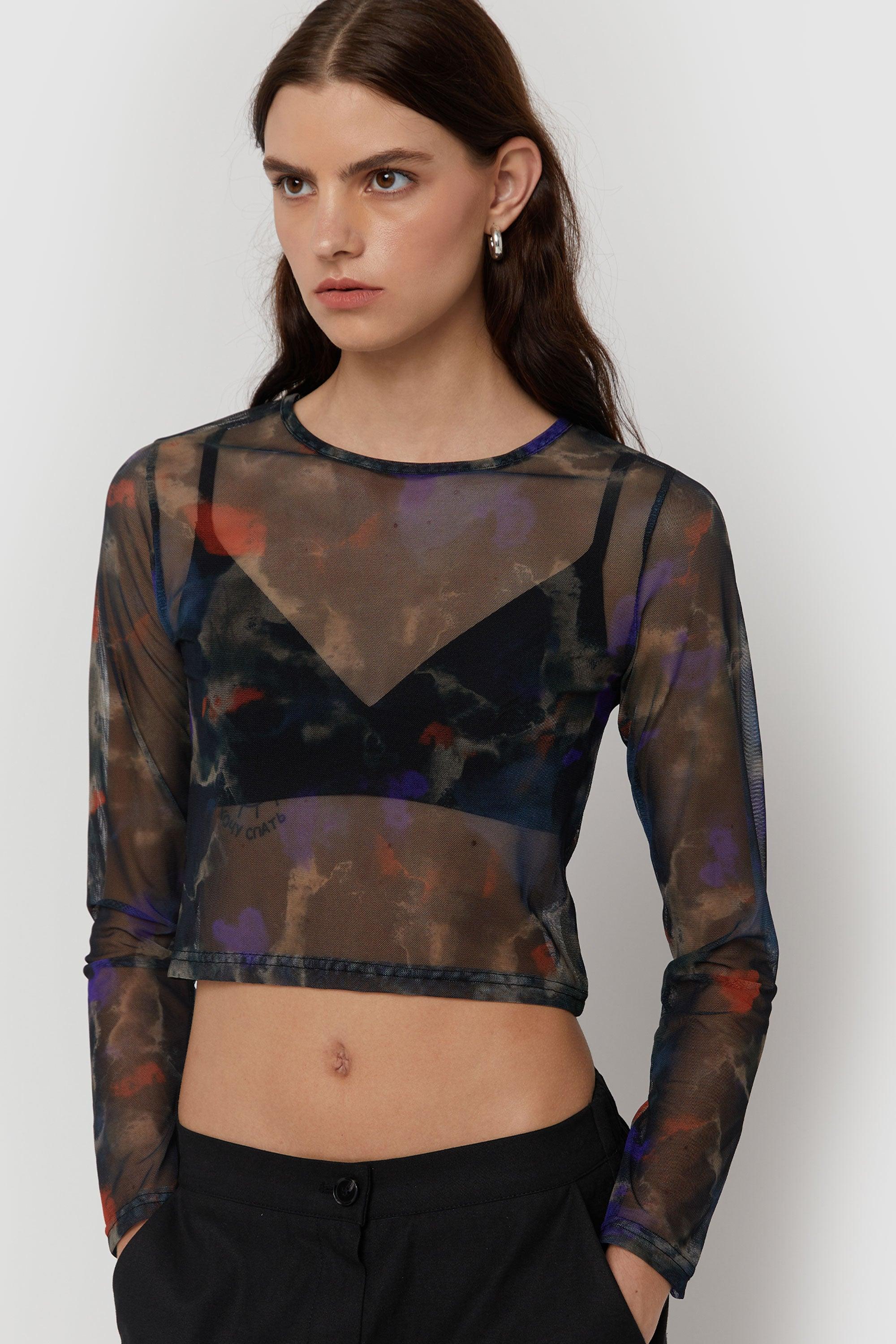 SHEER PRINTED LONG SLEEVE TOP by OAK + FORT