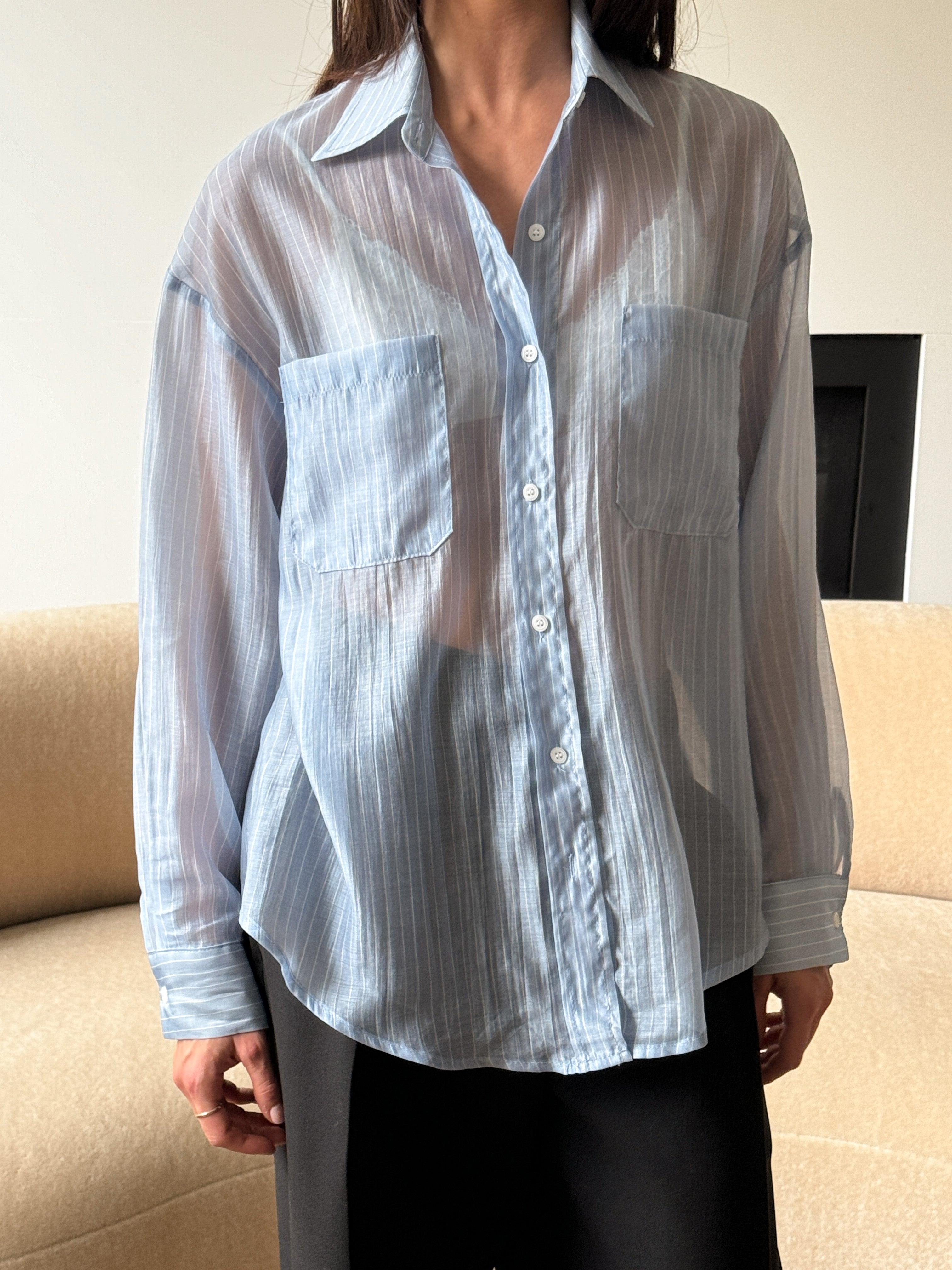 SHEER STRIPE TENCEL BUTTON UP SHIRT by OAK + FORT
