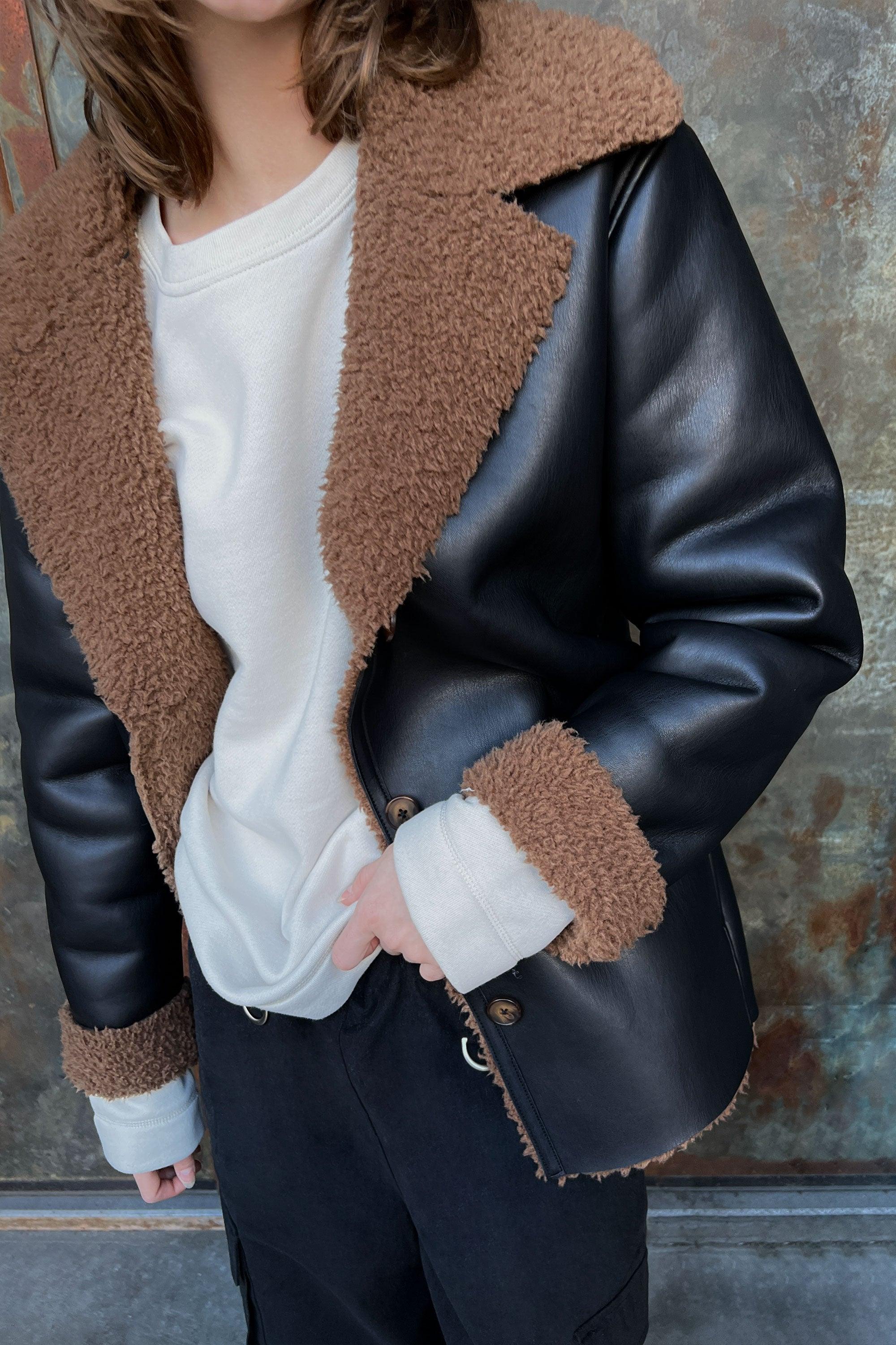 SHERPA TRIMMED VEGAN LEATHER JACKET by OAK + FORT