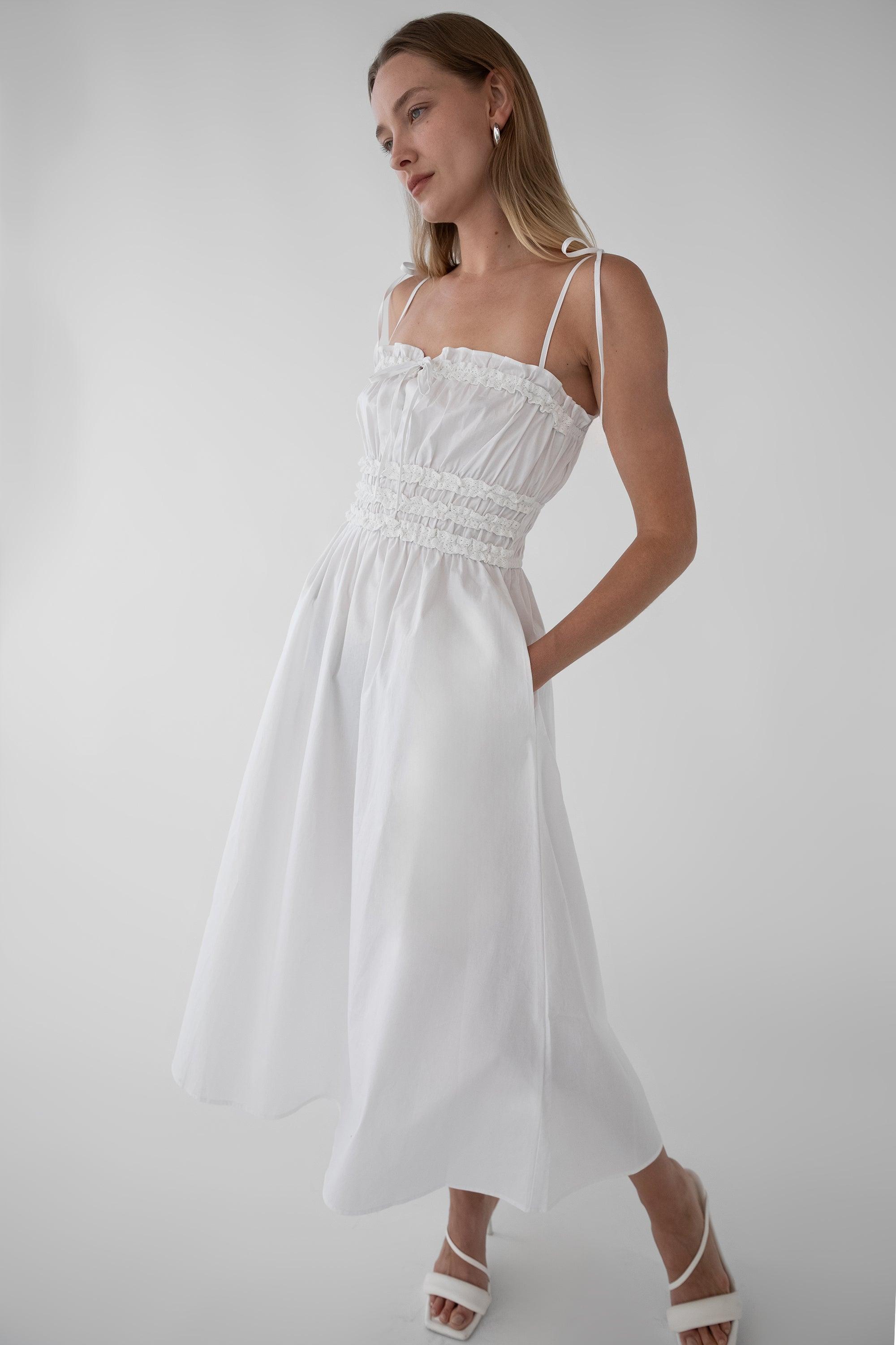 SHIRRED BODICE MIDI DRESS by OAK + FORT