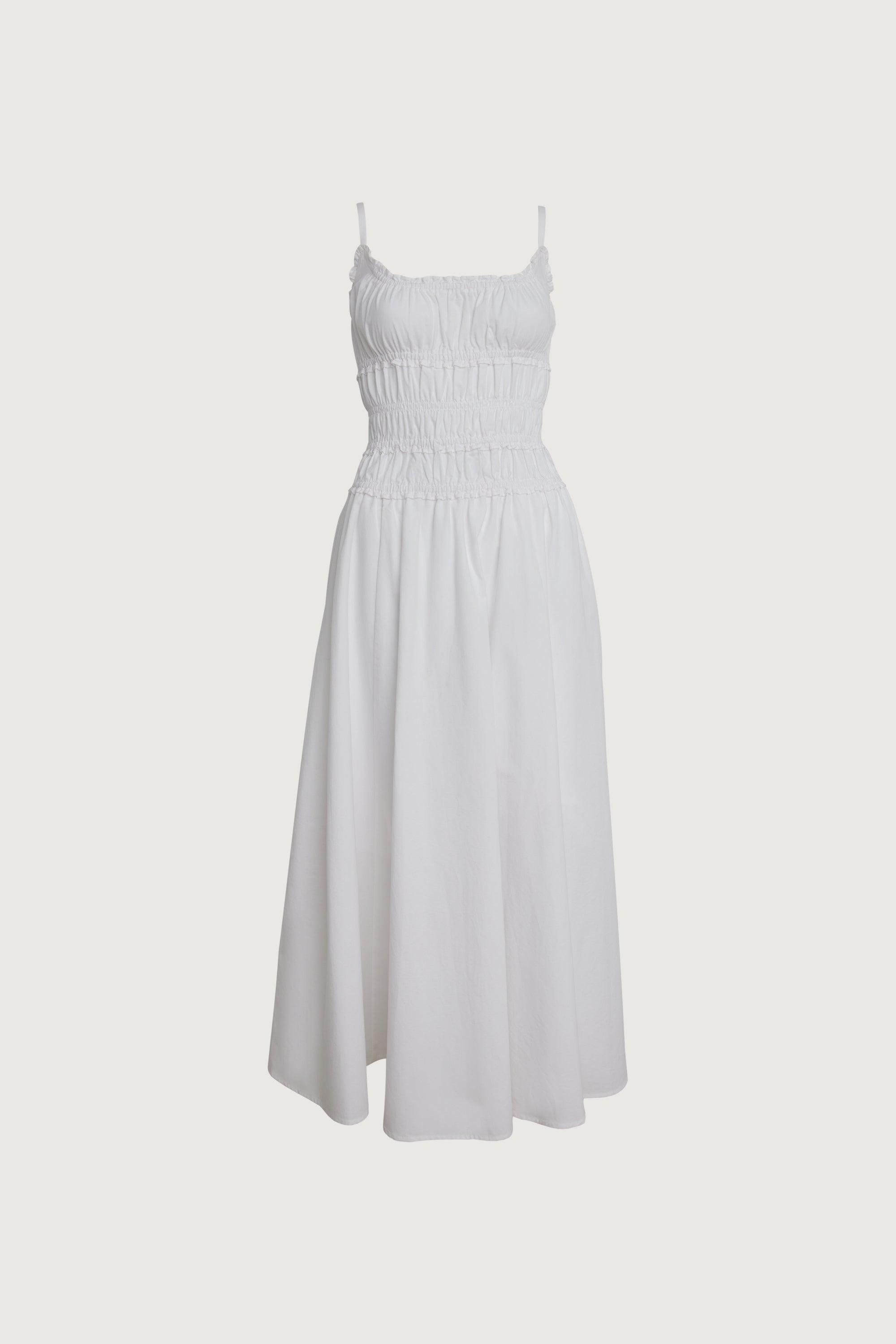 SHIRRED COTTON POPLIN MIDI DRESS by OAK + FORT