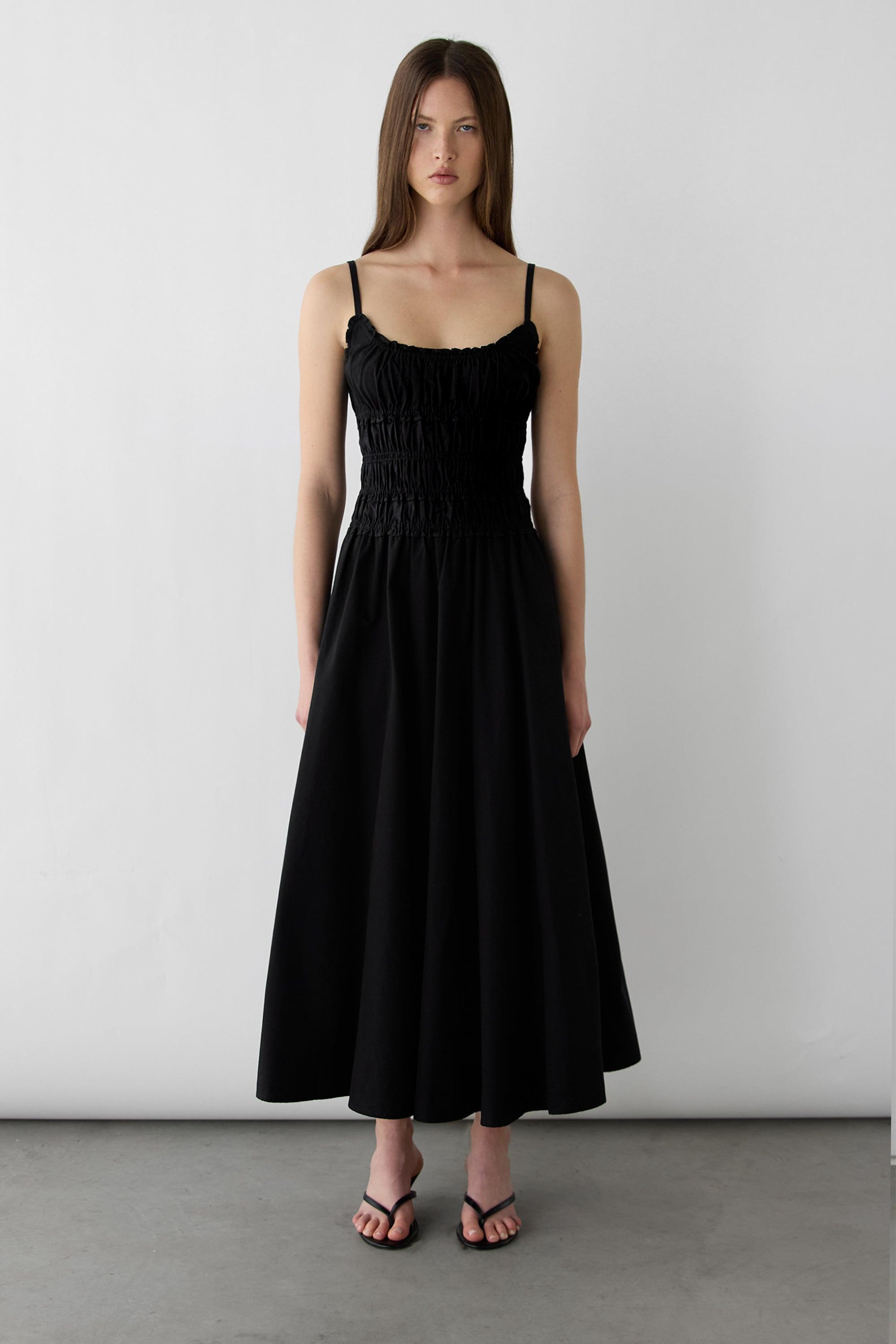 SHIRRED COTTON POPLIN MIDI DRESS by OAK + FORT