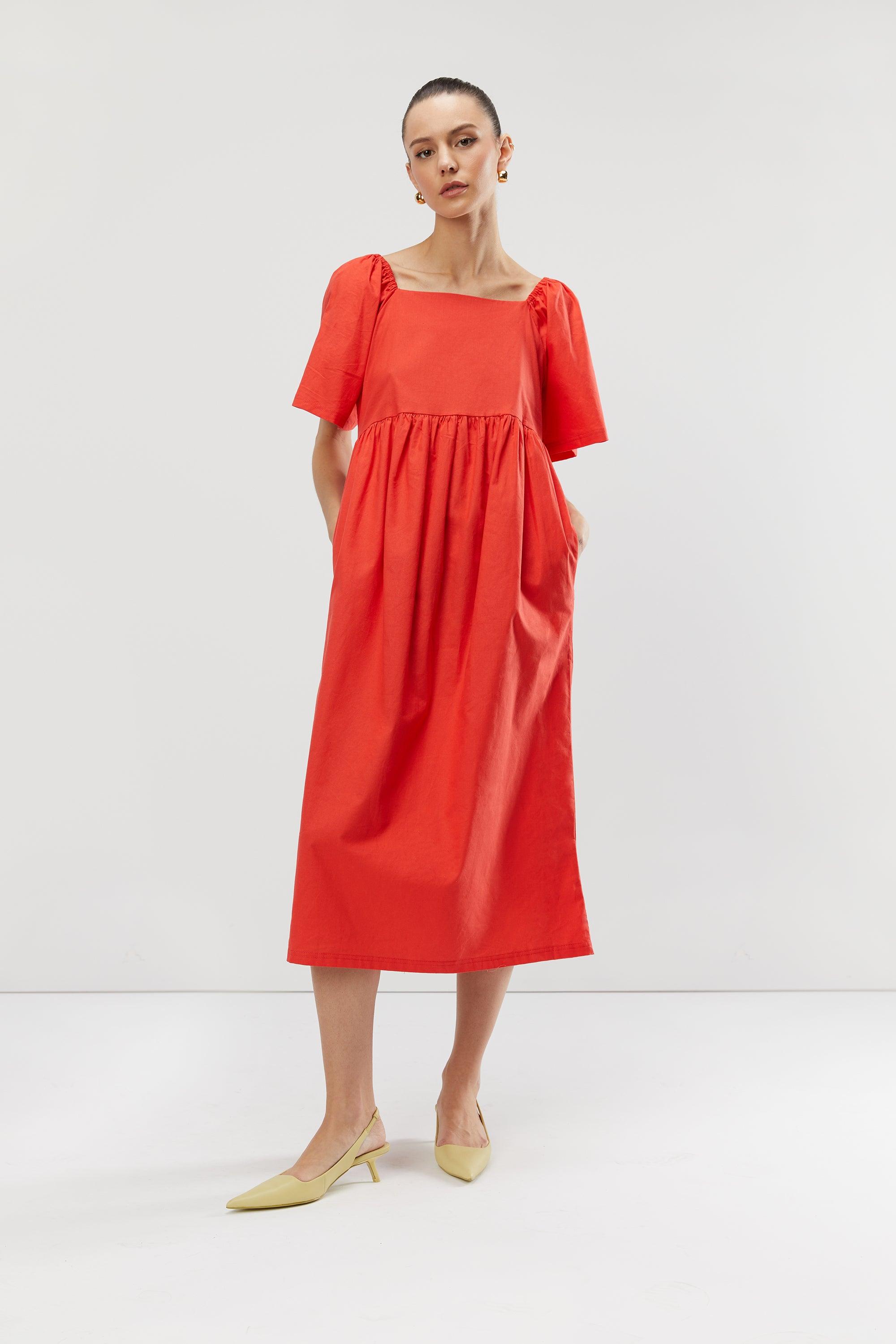 SQUARE NECK PUFF MIDI DRESS by OAK + FORT