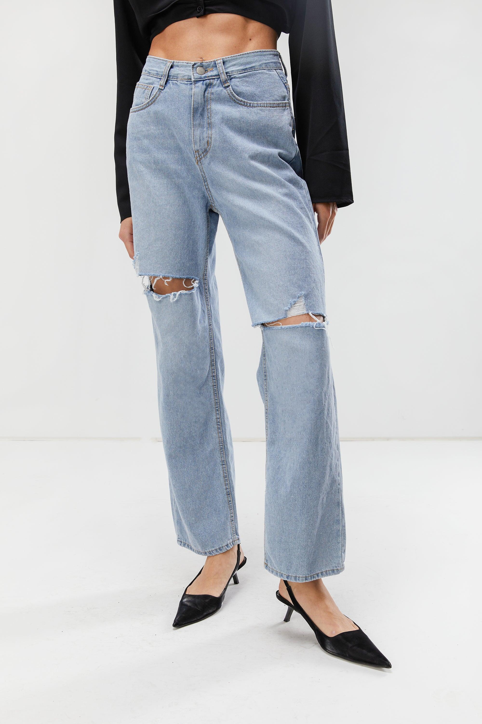 STRAIGHT LEG JEAN WITH DISTRESSING by OAK + FORT