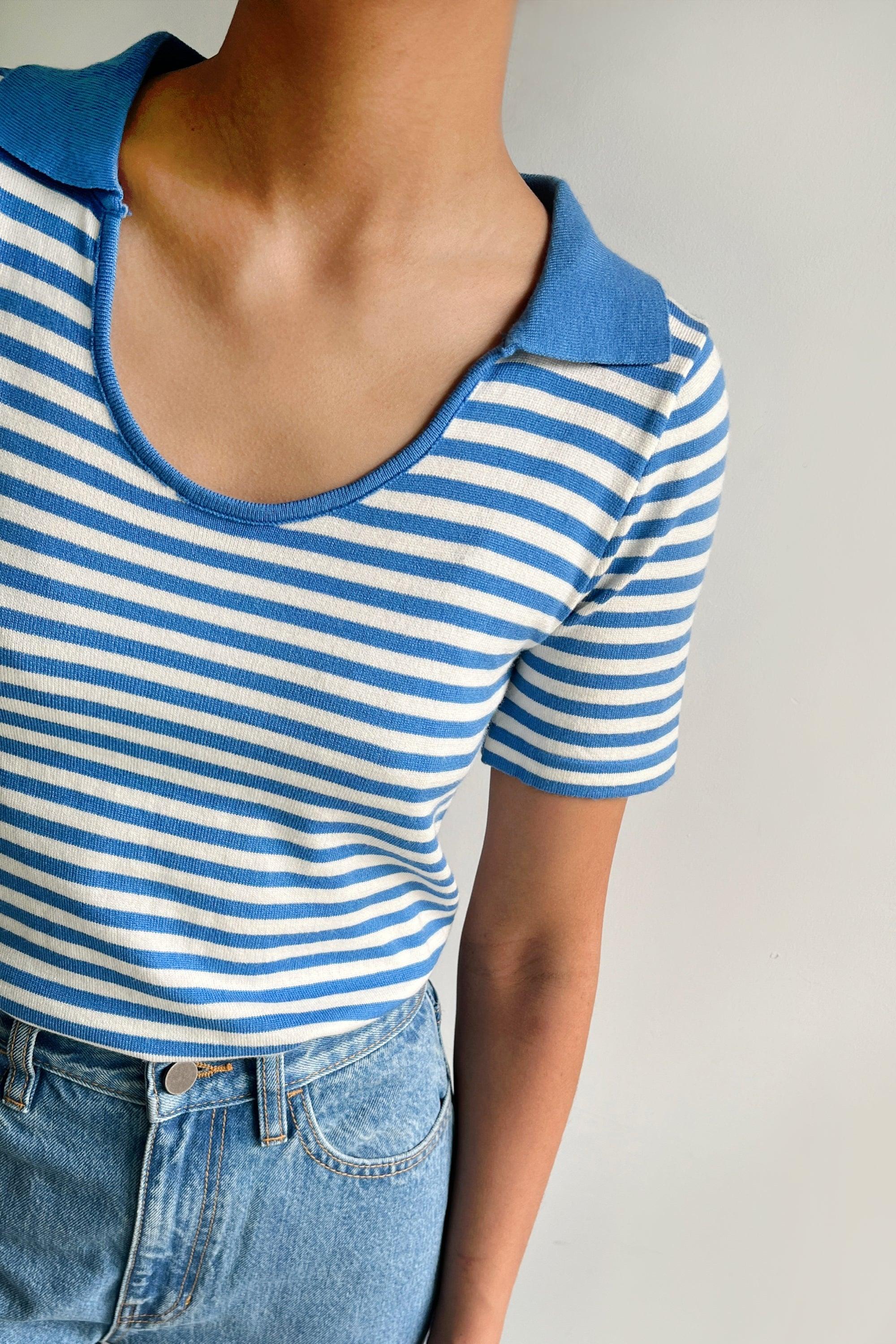 STRIPED SCOOP NECK COLLARED TOP by OAK + FORT