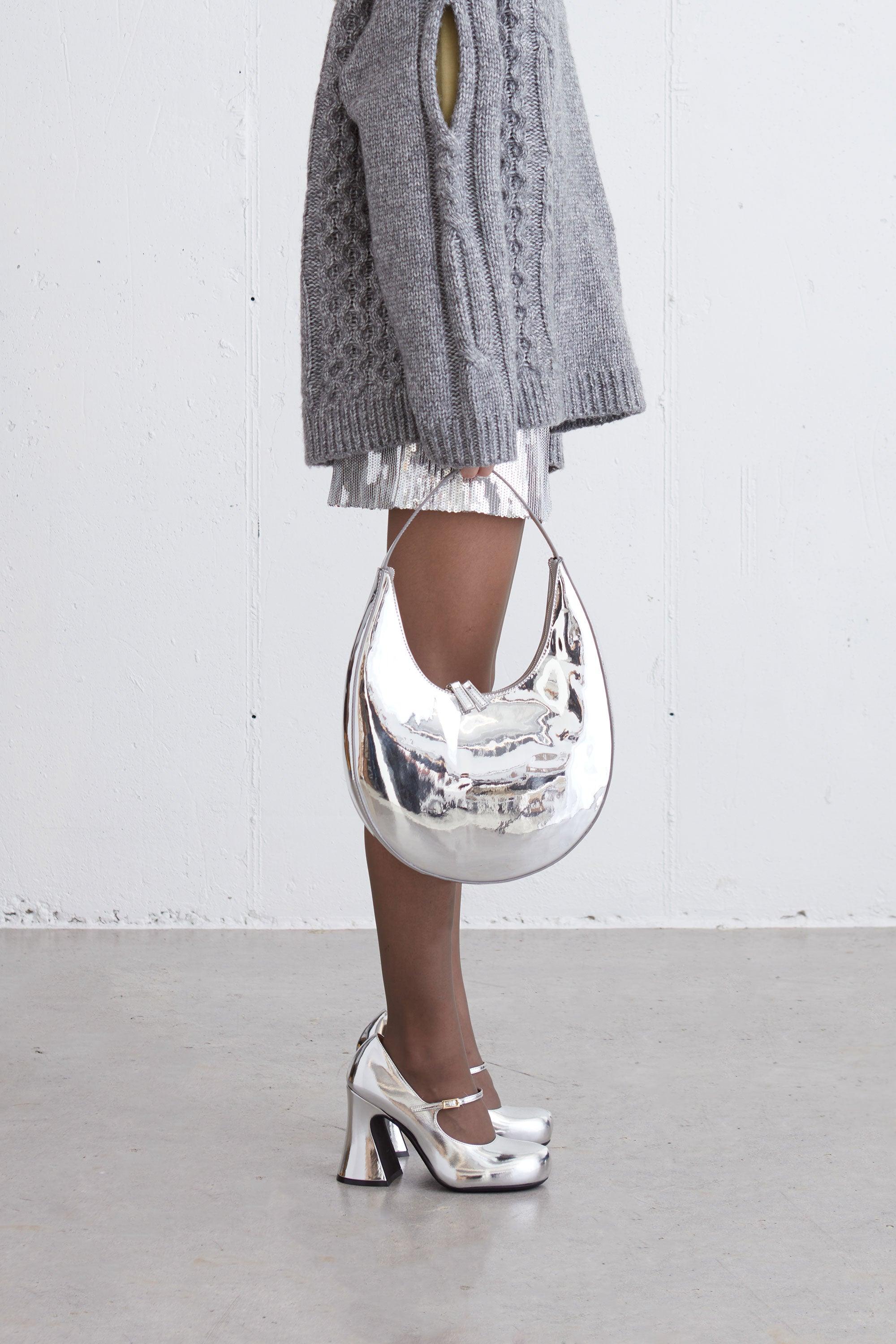 STRUCTURED CURVED SHOULDER BAG IN SILVER by OAK + FORT